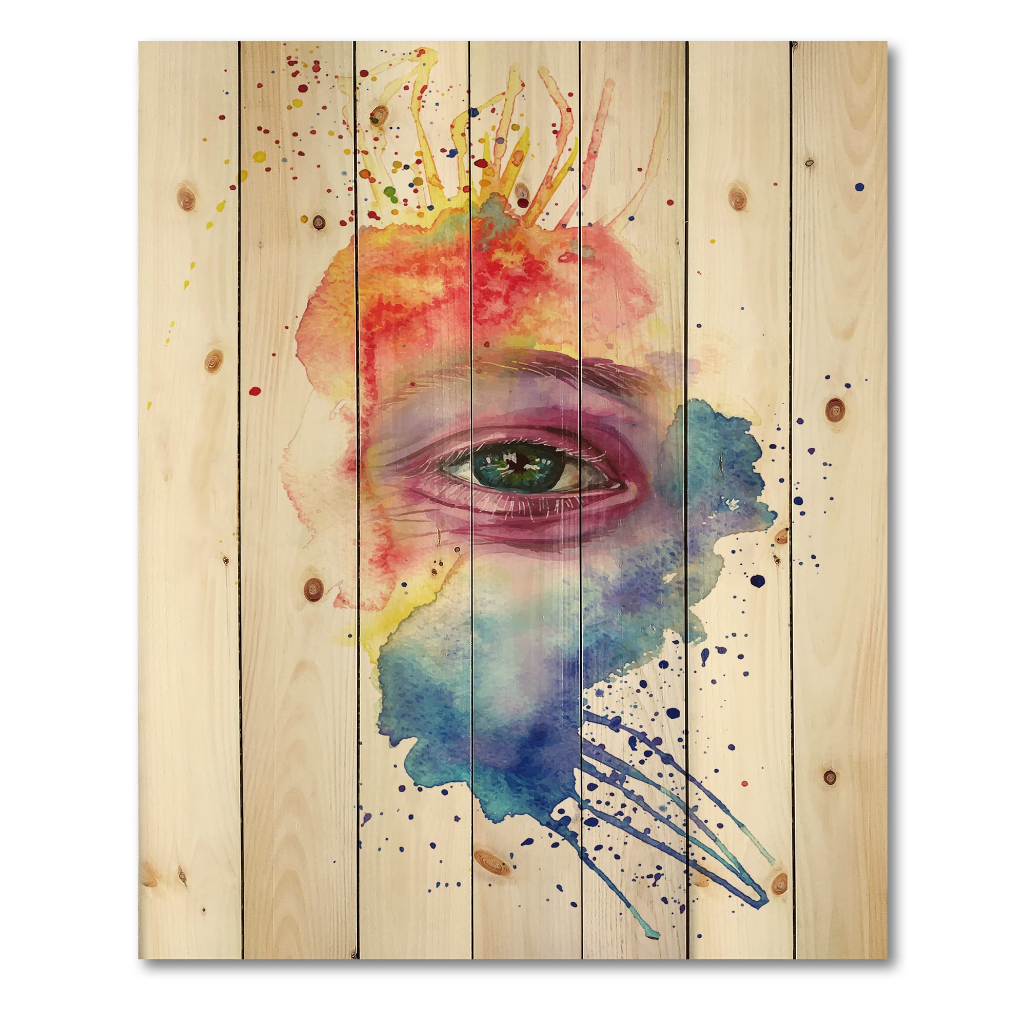 Designart - Detail of Eye In Multi-Colored Face Portrait - Bohemian &#x26; Eclectic Print on Natural Pine Wood