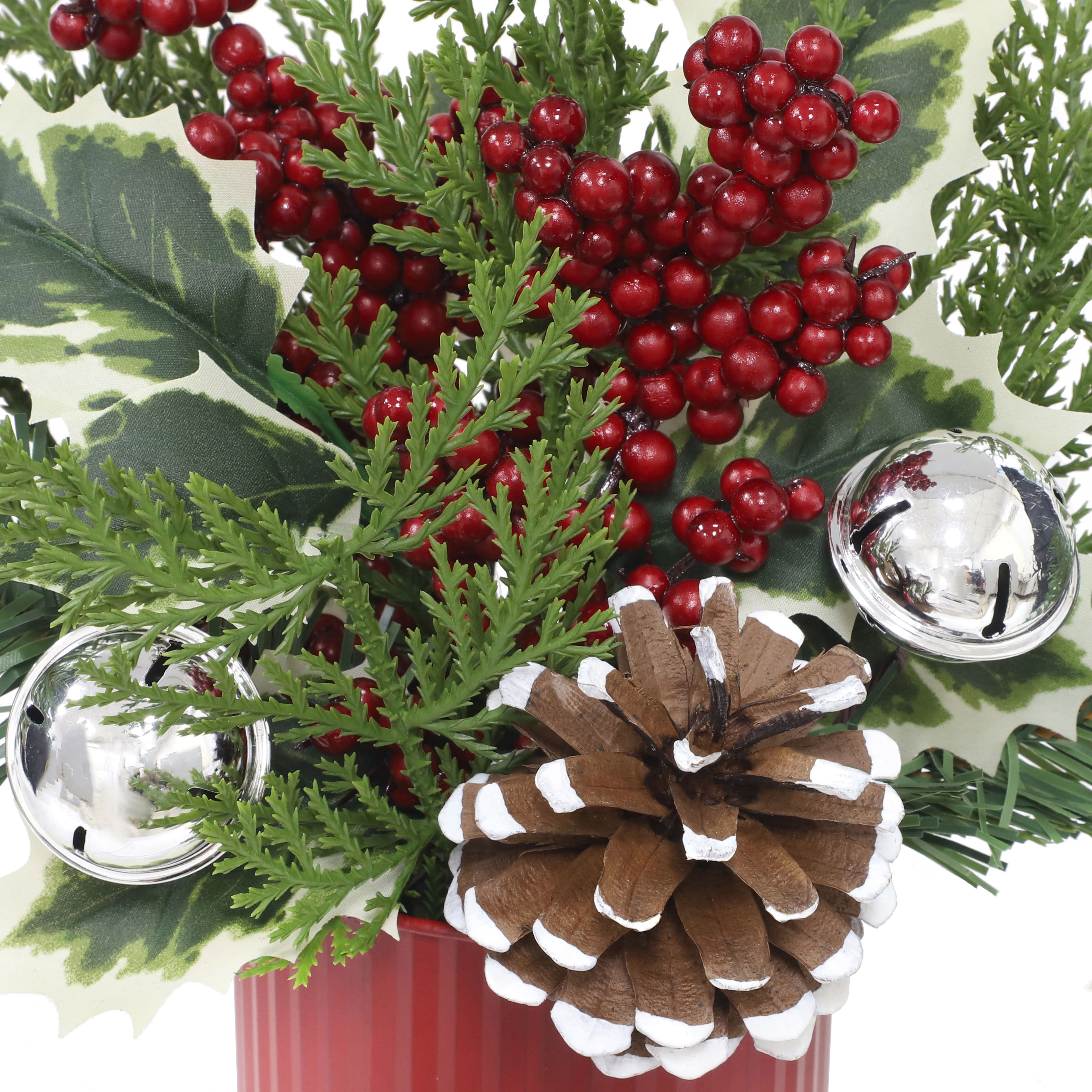 10.5" Green Pine, Red Berry & Silver Bell Arrangement with Pine Cones in Red Metal Pot by Ashland®