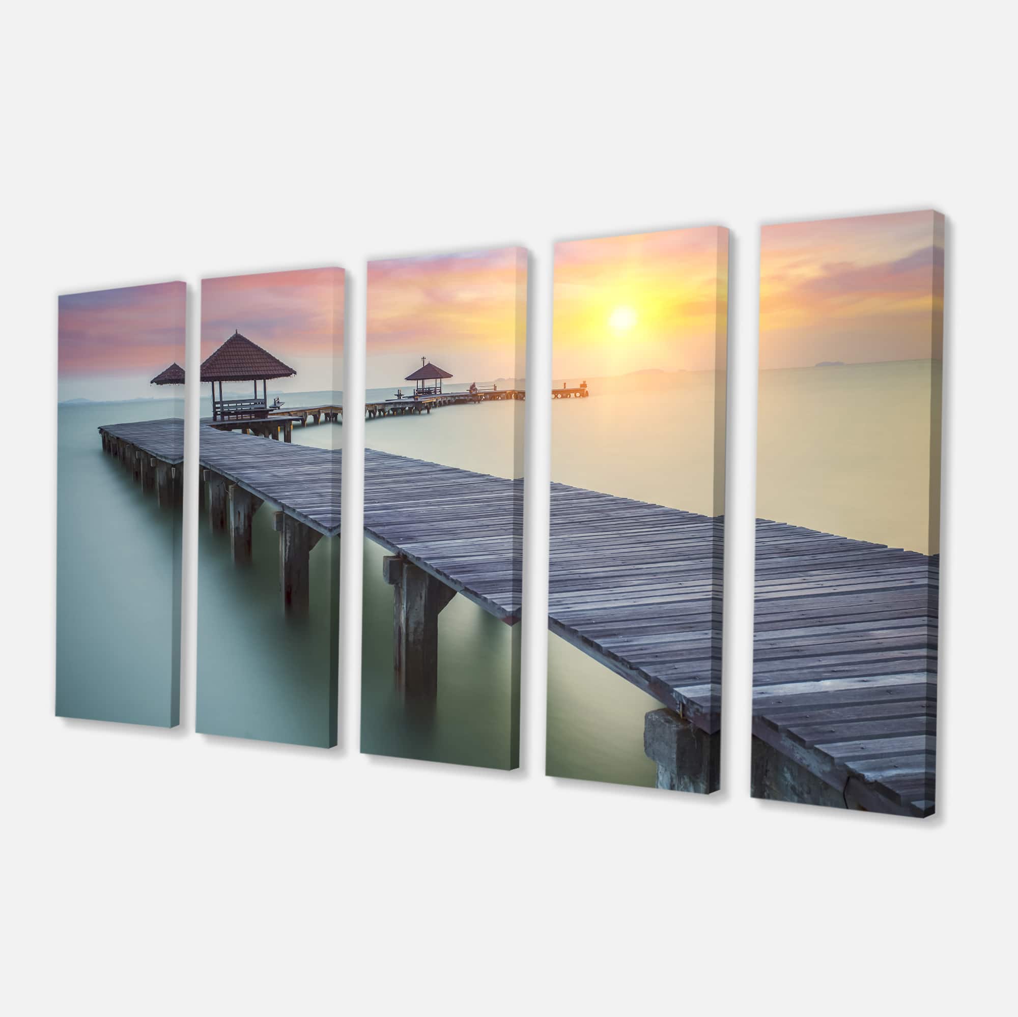 Designart - Wooden Sea Bridge and Sunset - Seashore Photo Canvas Print