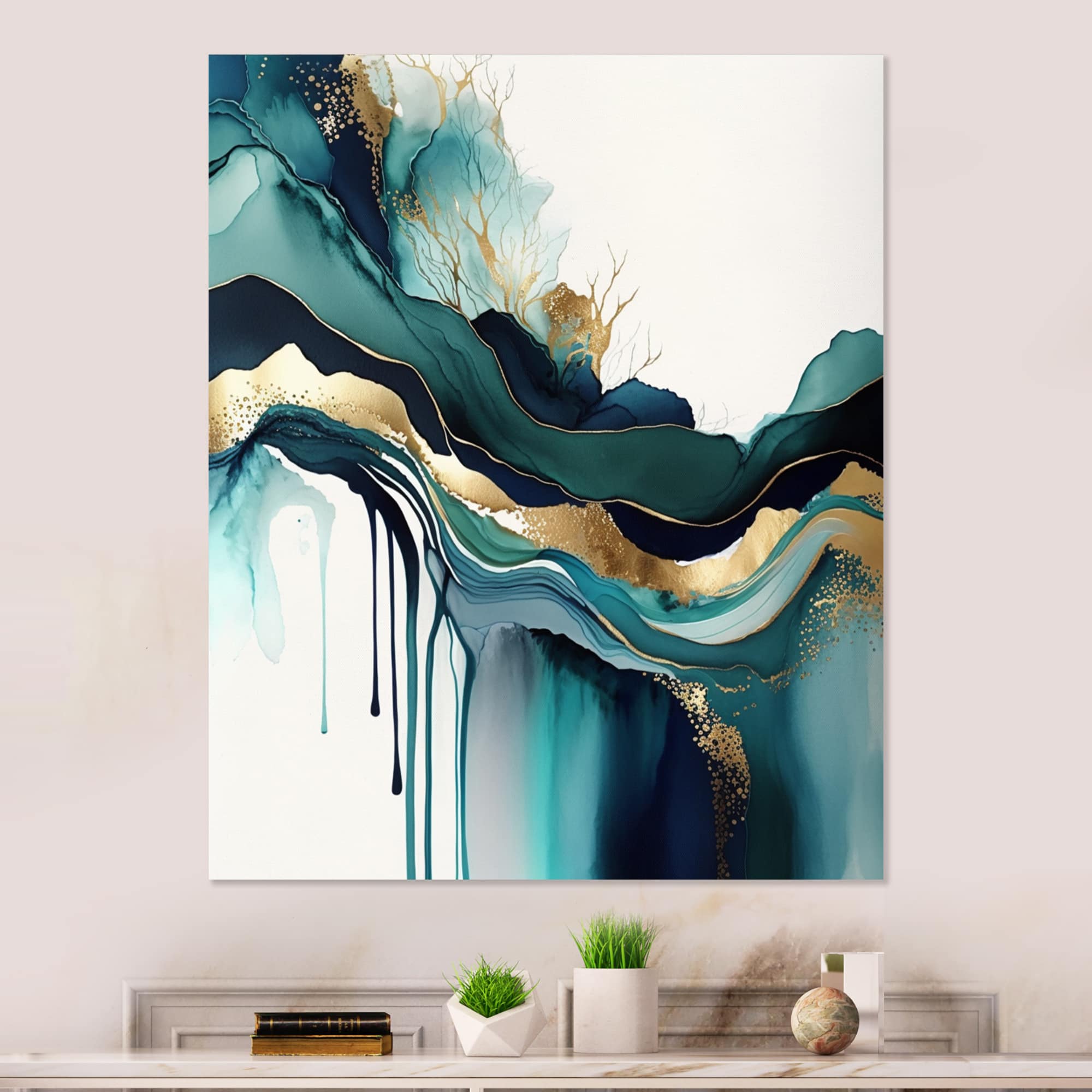 Designart 'Teal And Gold Abstract Expression IV' Modern Canvas Wall Art