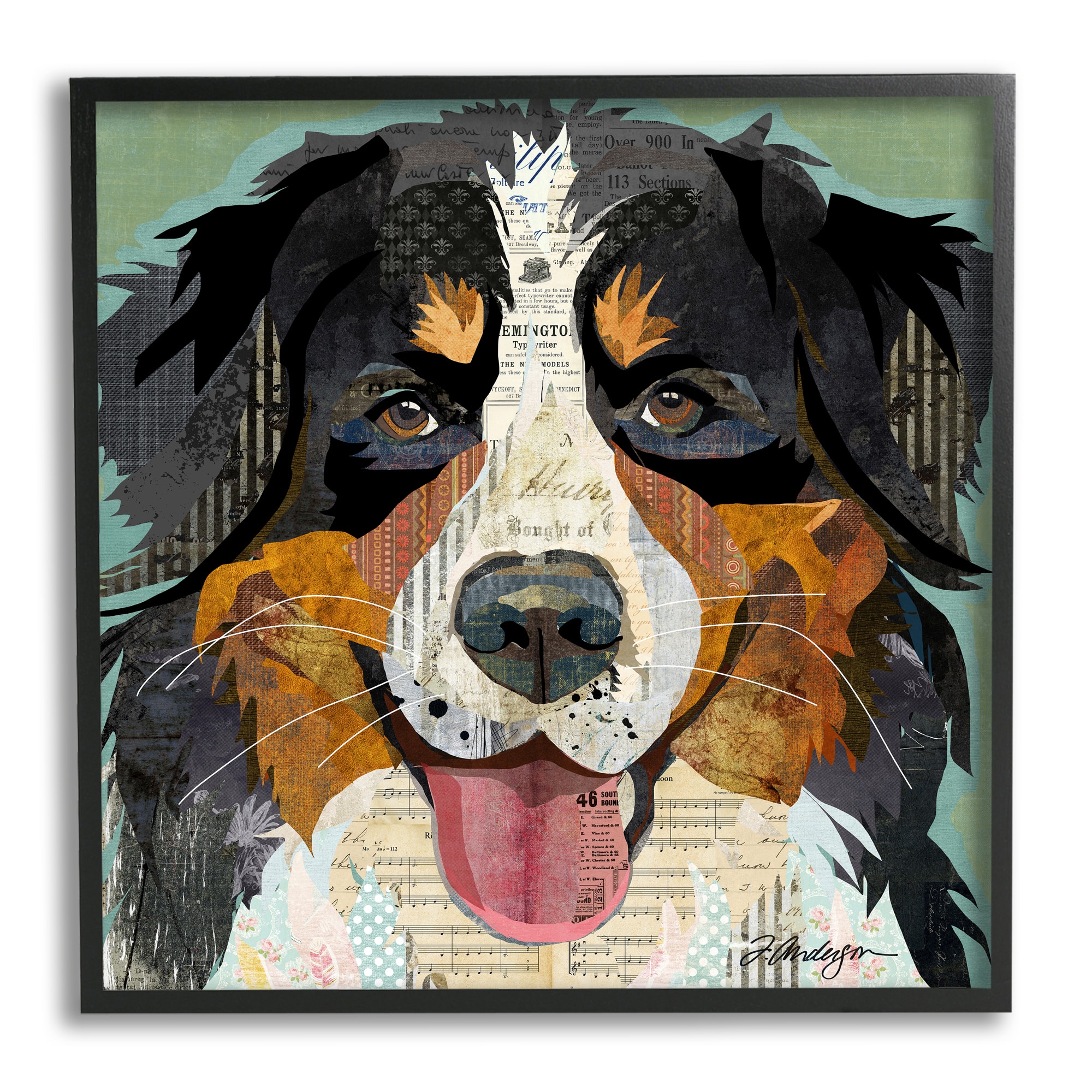 Stupell Industries Bernese Mountain Dog Ephemera Collage Framed Giclee Art