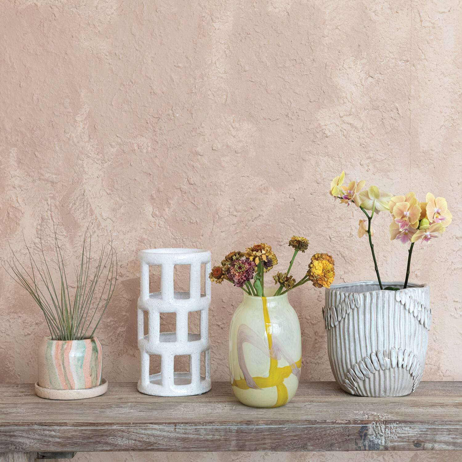 Hello Honey® 9.5" Yellow & Purple Decorative Glass Vase with Abstract Design