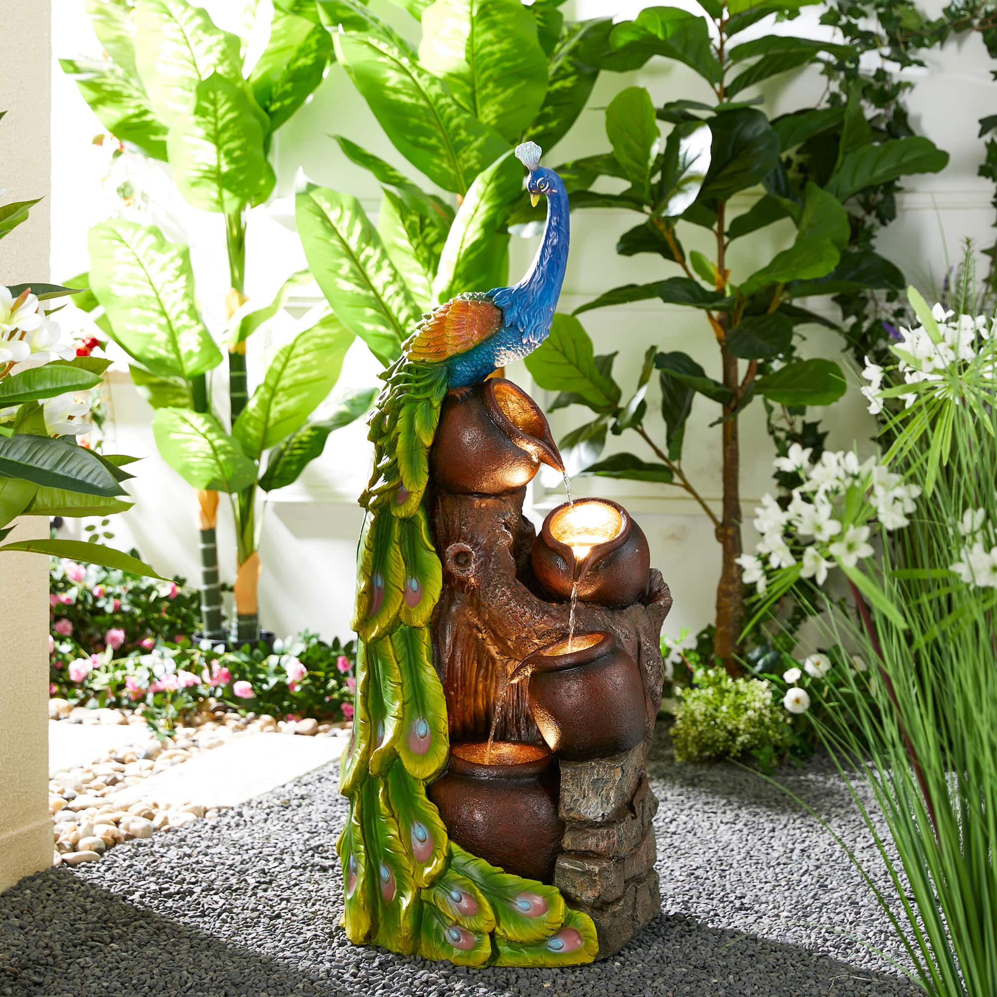 Glitzhome® 40" LED 4-Tier Peacock & Jars Outdoor Floor Fountain