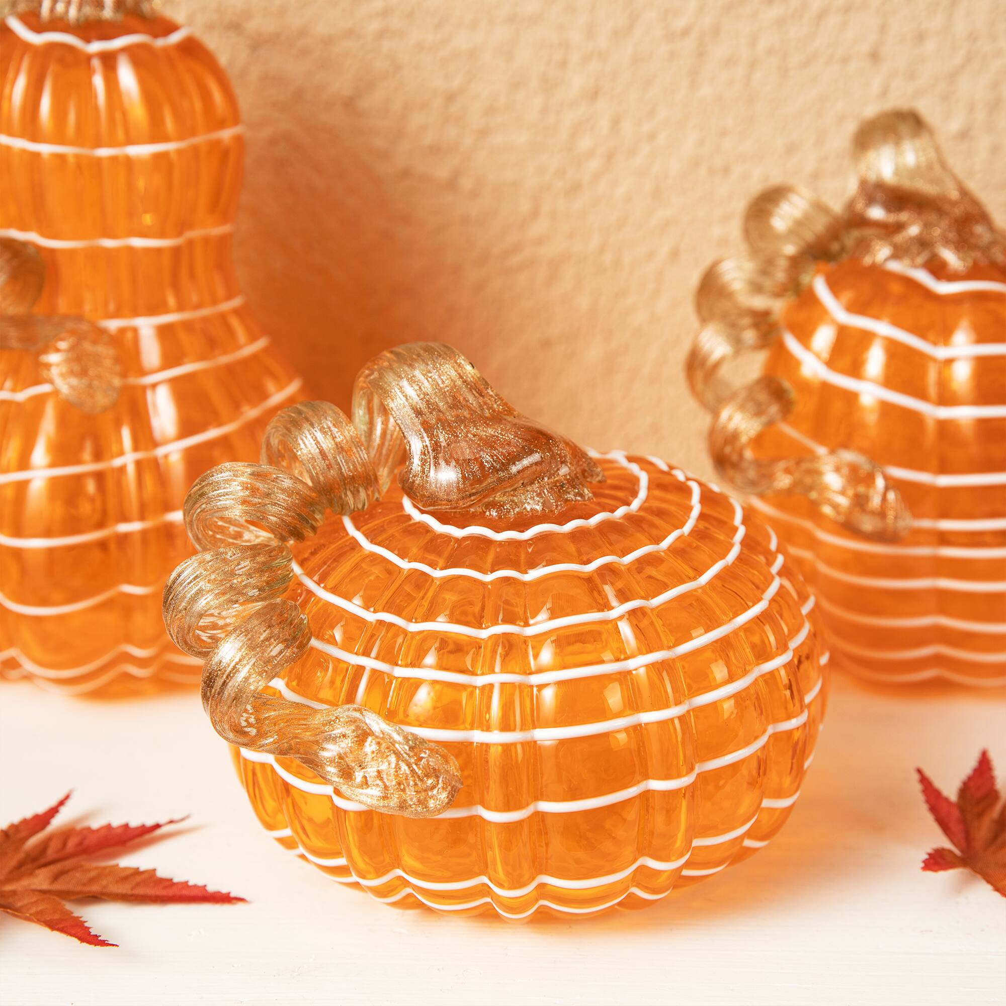 Glitzhome&#xAE; Orange and White Lines Glass Pumpkin &#x26; Gourd Set