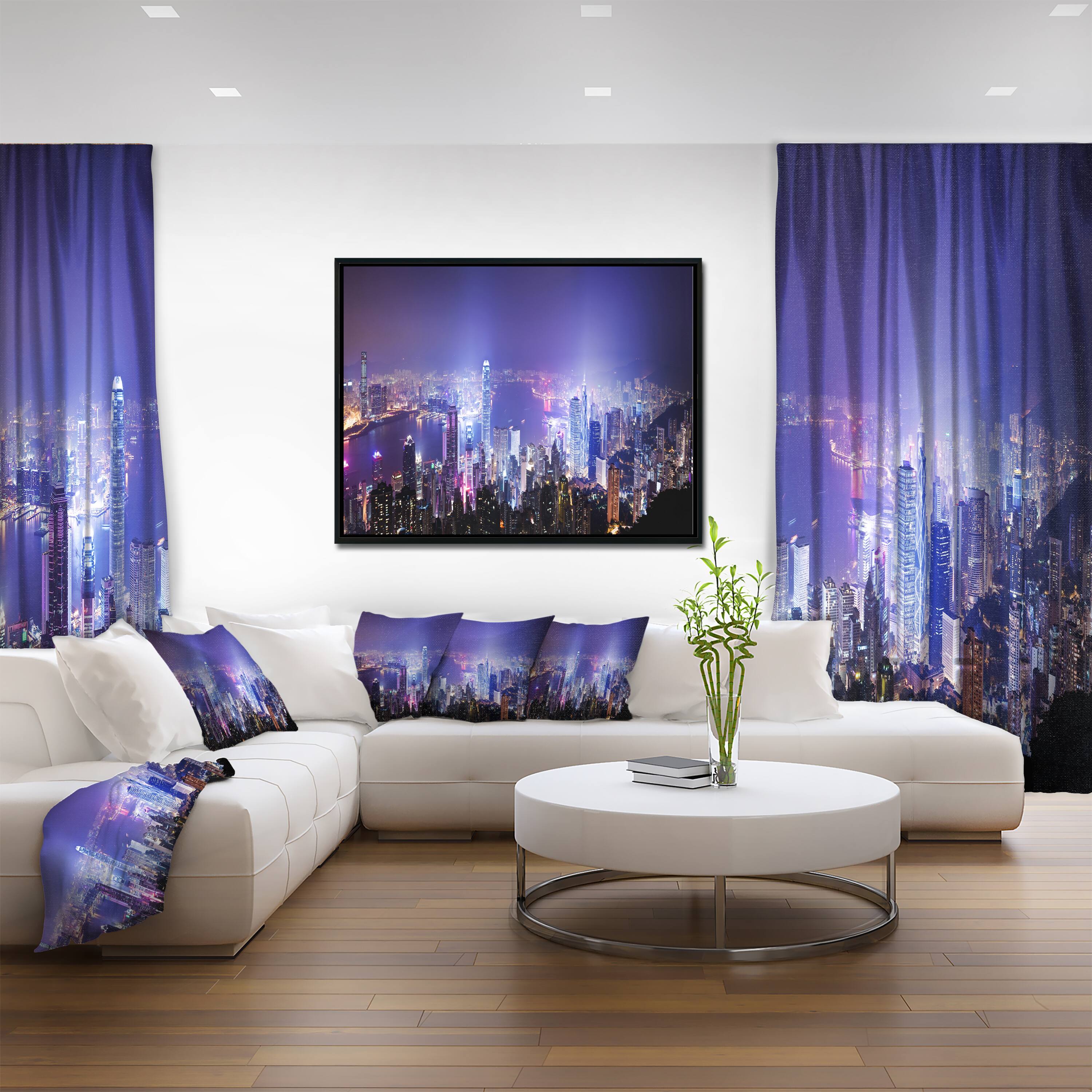 Designart - Hong Kong Night City - Cityscape Photo Canvas Art Print in Black Frame