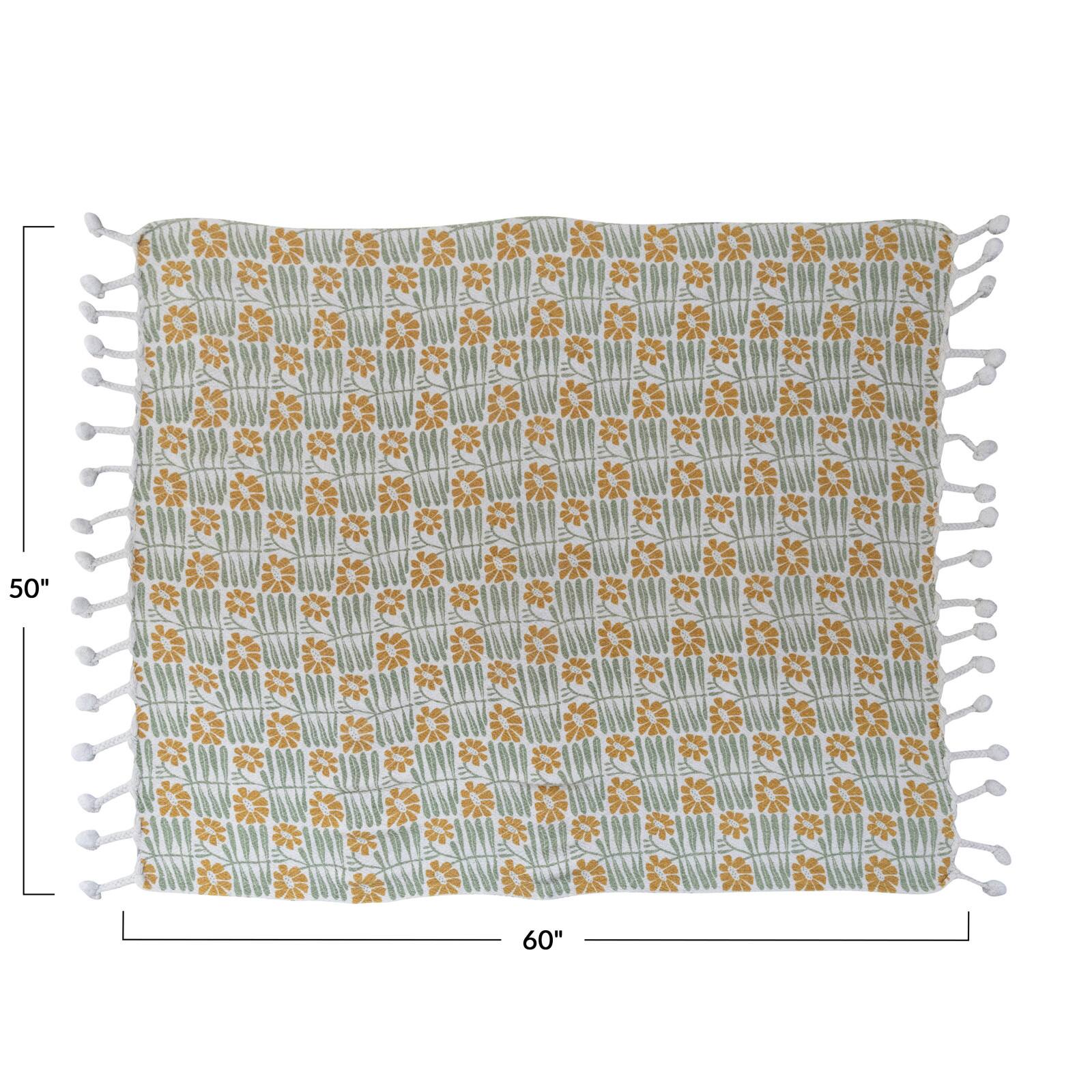  Woven Recycled Cotton Blend Printed Throw with Flowers and Braided Pom Pom Tassels, Sage and Mustard