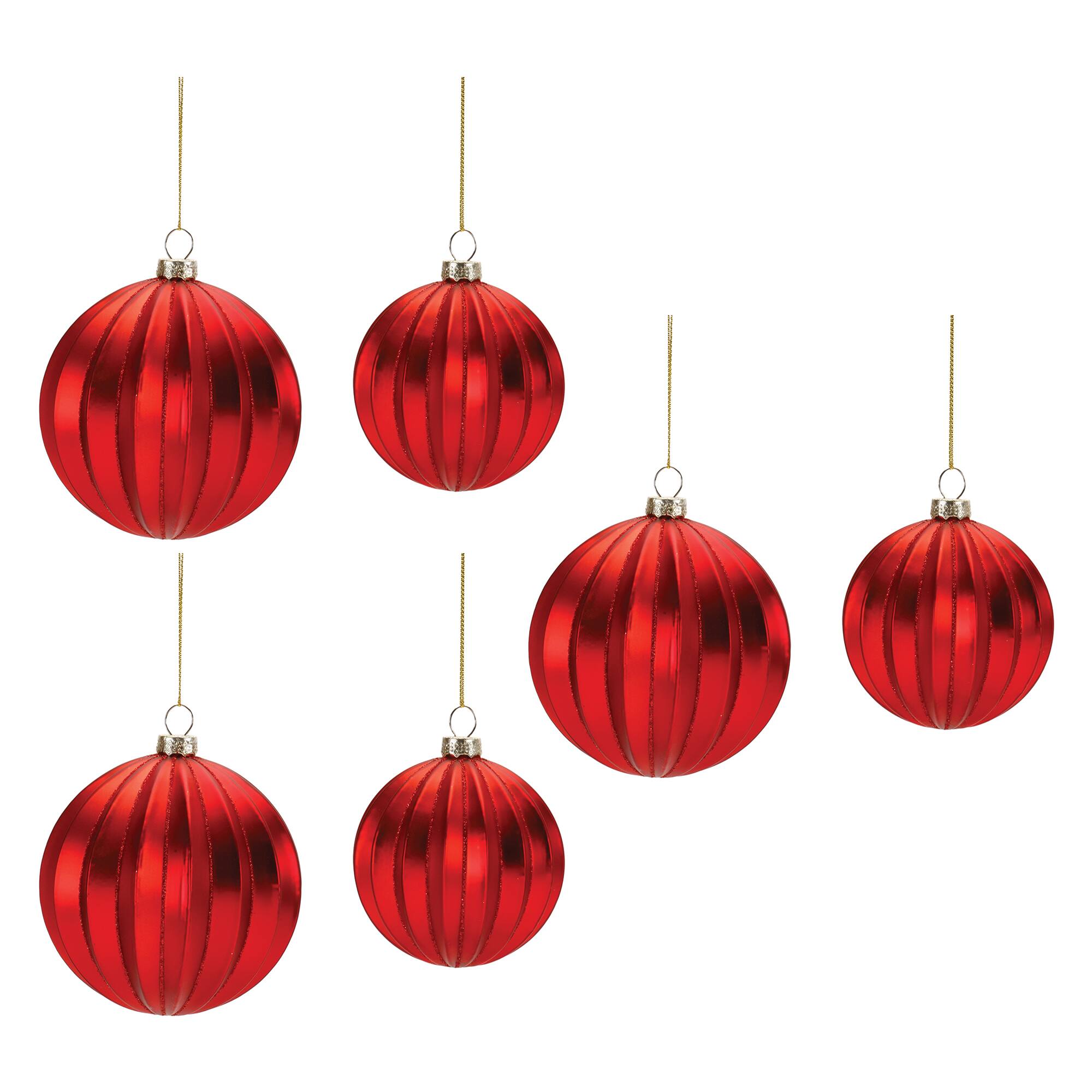 Red Glitter Ribbed Glass Ball Ornaments Set