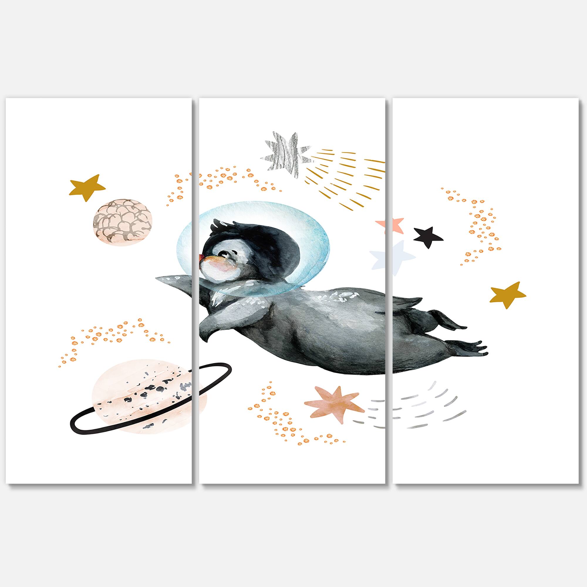Designart - Little Penguin Flying Stars and Planets II - Farmhouse Canvas Wall Art Print