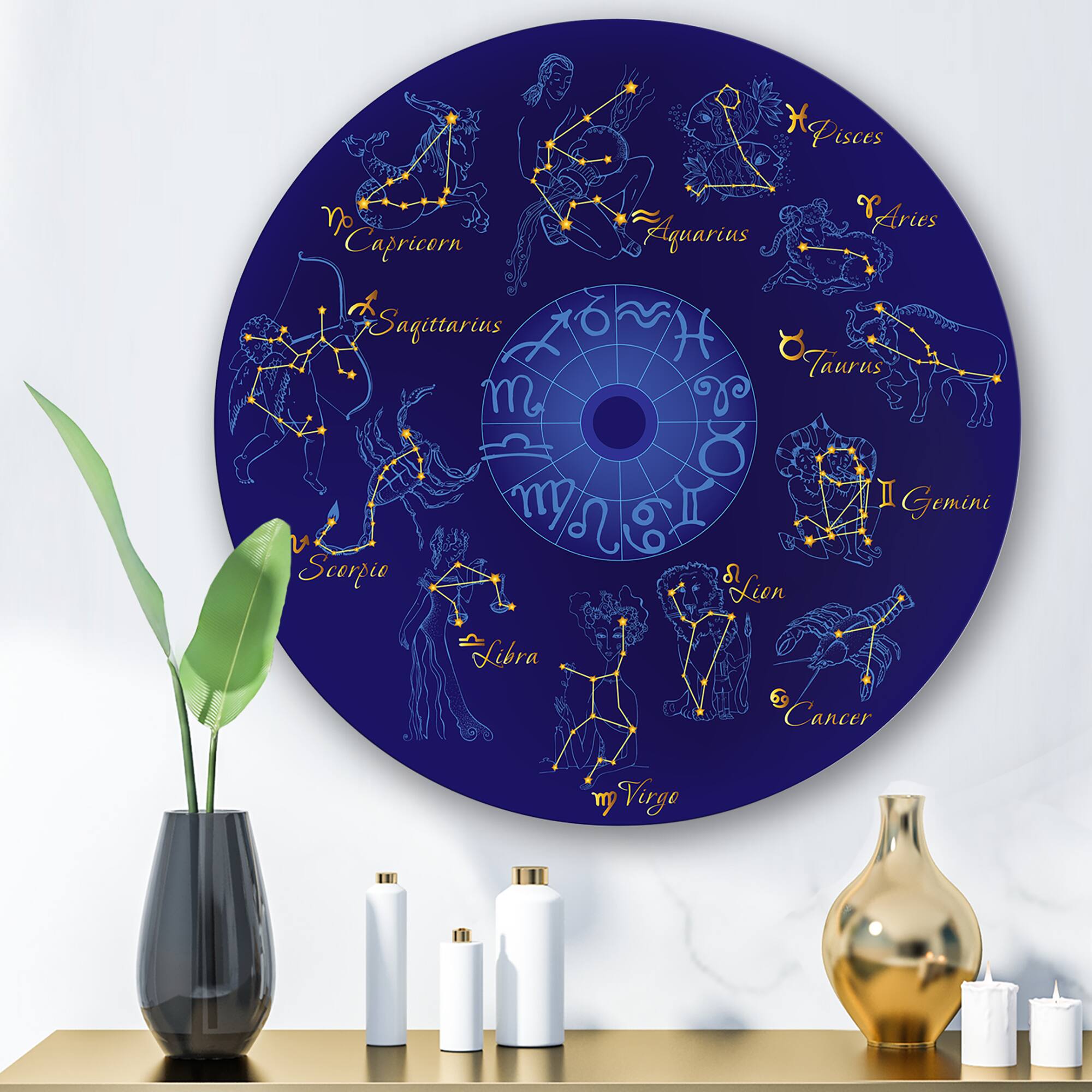 Designart - Zodiac With Constellations and Zodiac Signs - Modern Metal Circle Wall Art