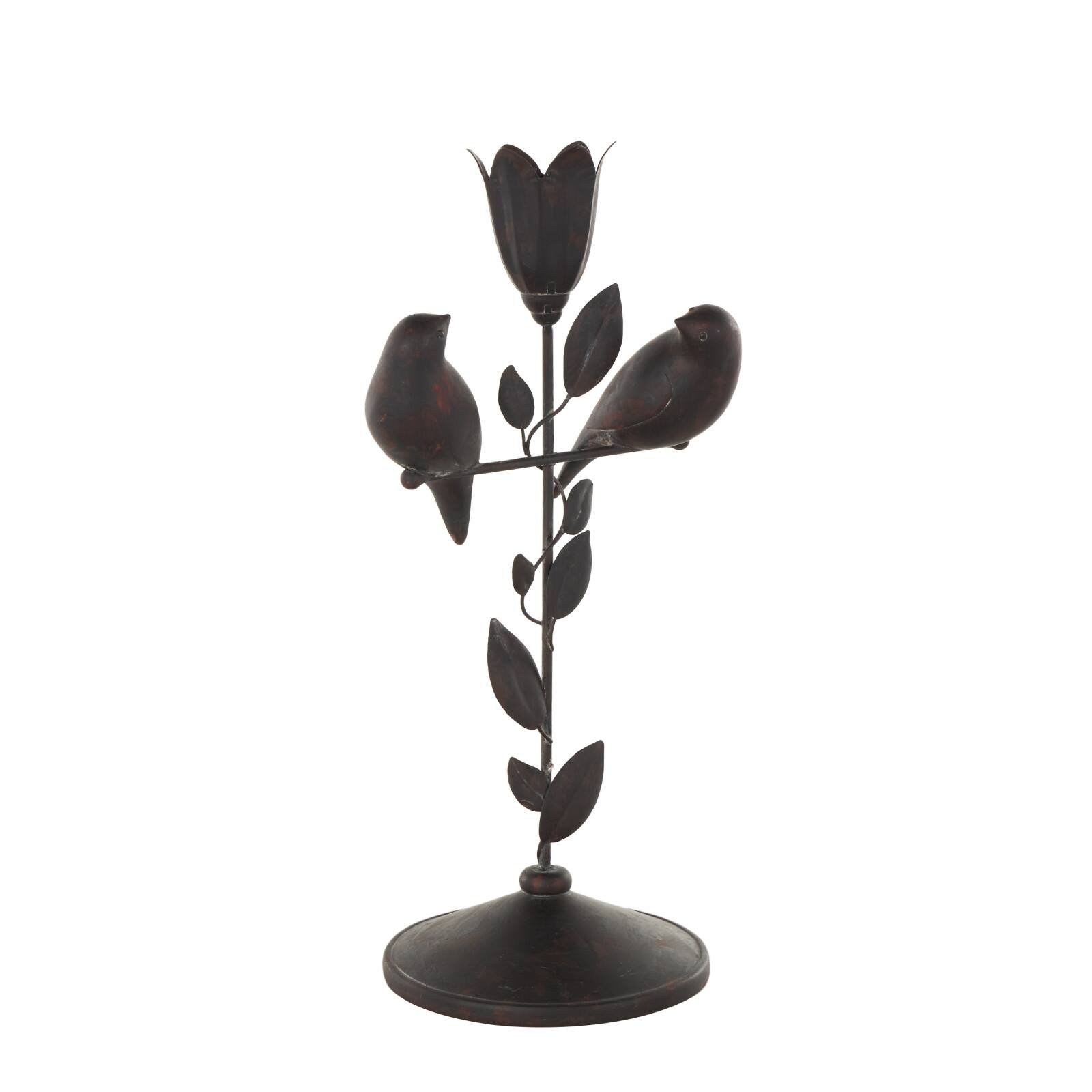 13.75" Black Bird Perching Decorative Sculpture with Leaf Vine & Copper Shading