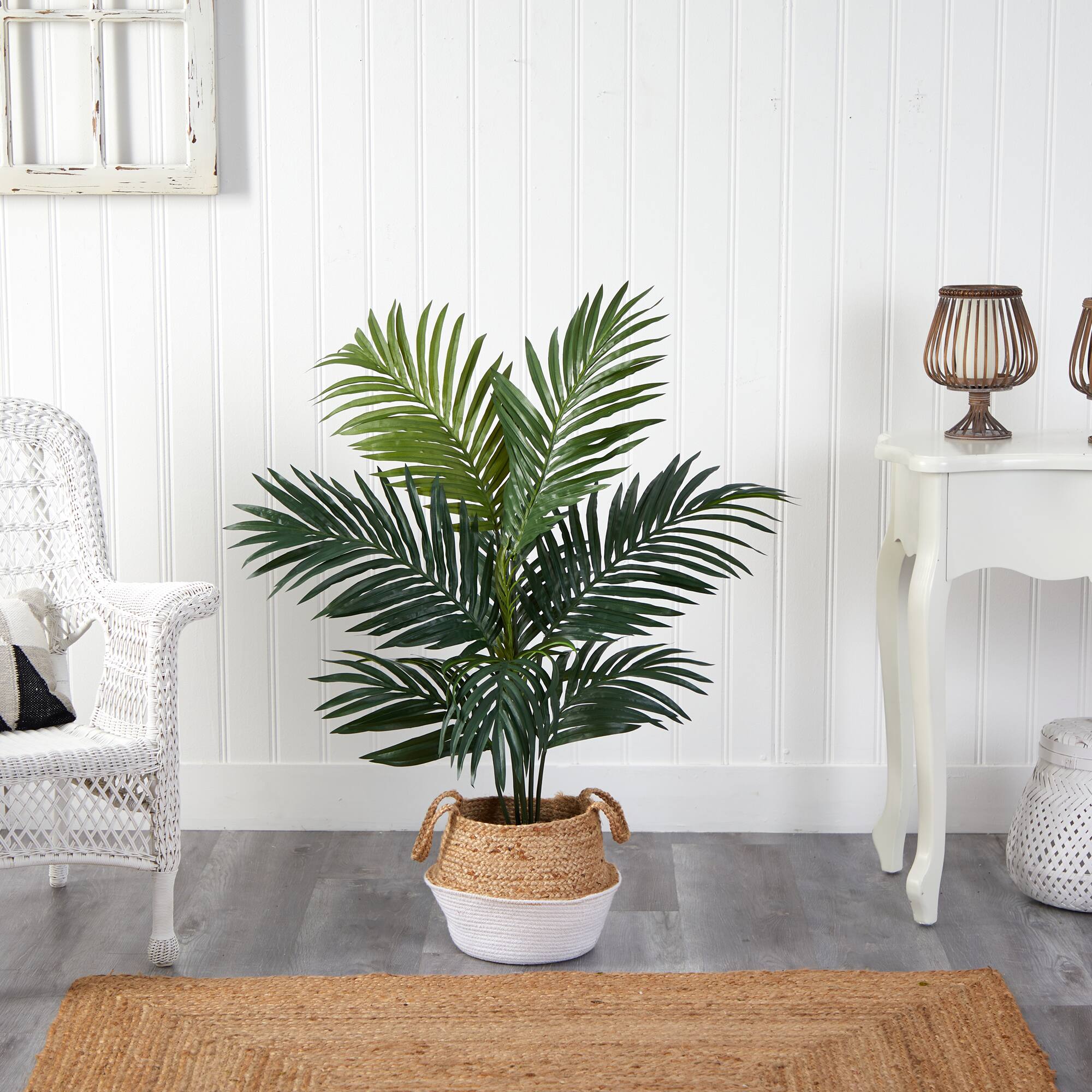 4ft. Kentia Palm Artificial Tree in Boho Chic Handmade Cotton & Jute White Woven Planter