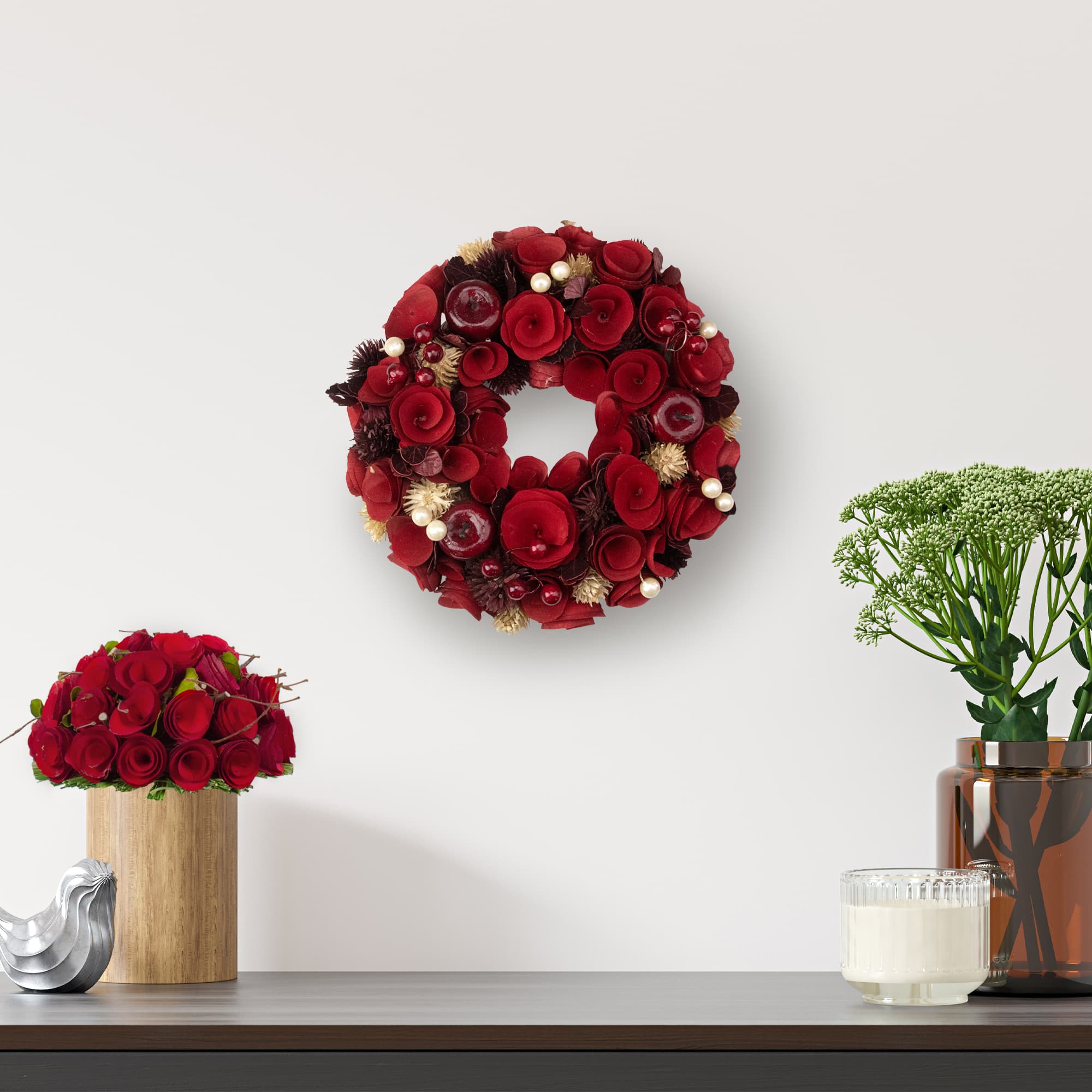 12&#x22; Unlit Red Wooden Rose Apple &#x26; Faux Pearl Artificial Valentines Wreath