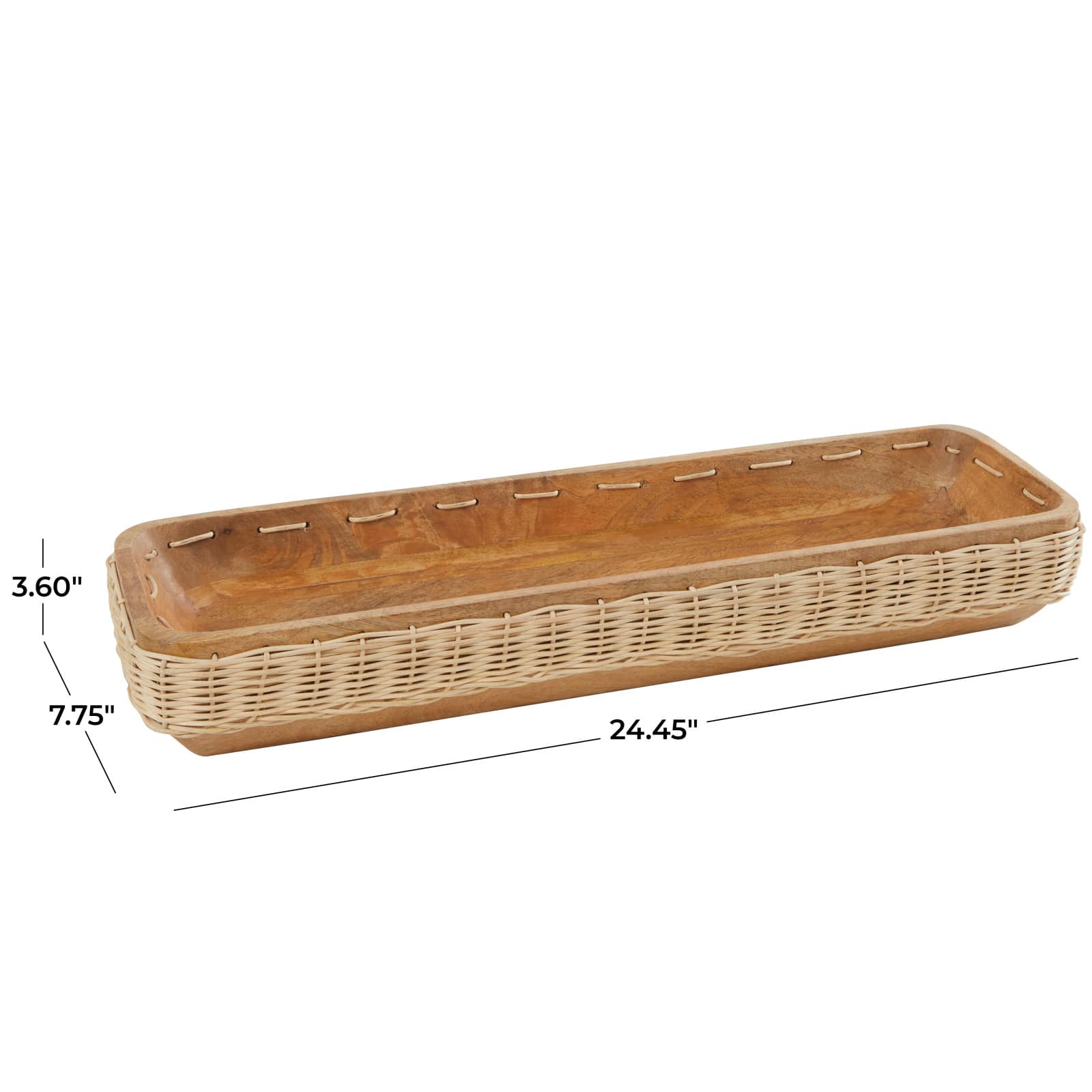 24.5&#x22; Brown Handmade Wooden Tray with Woven Seagrass Accent