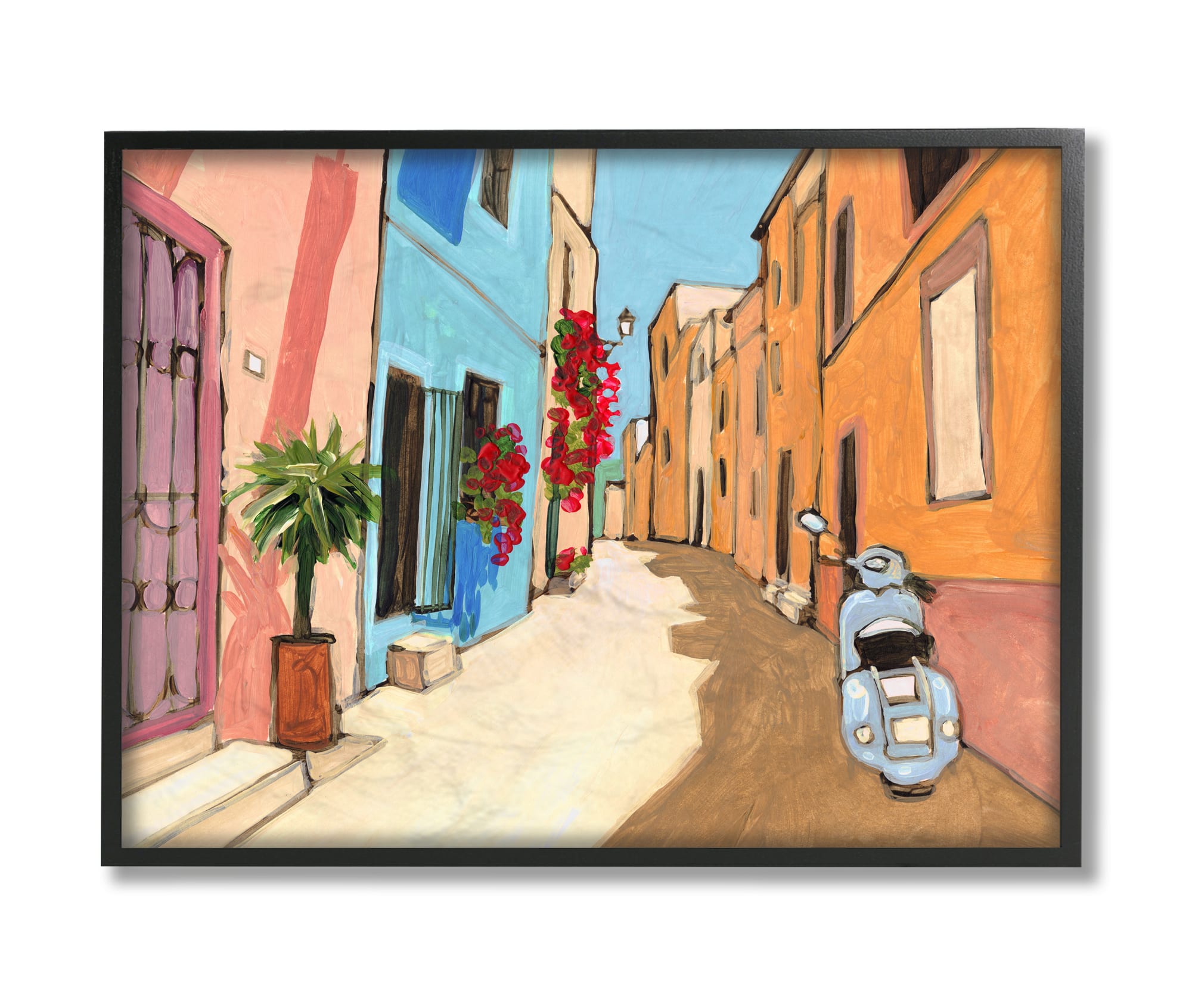 Stupell Industries European Roadside with Blue Street Vespa Wall Art in Black Frame