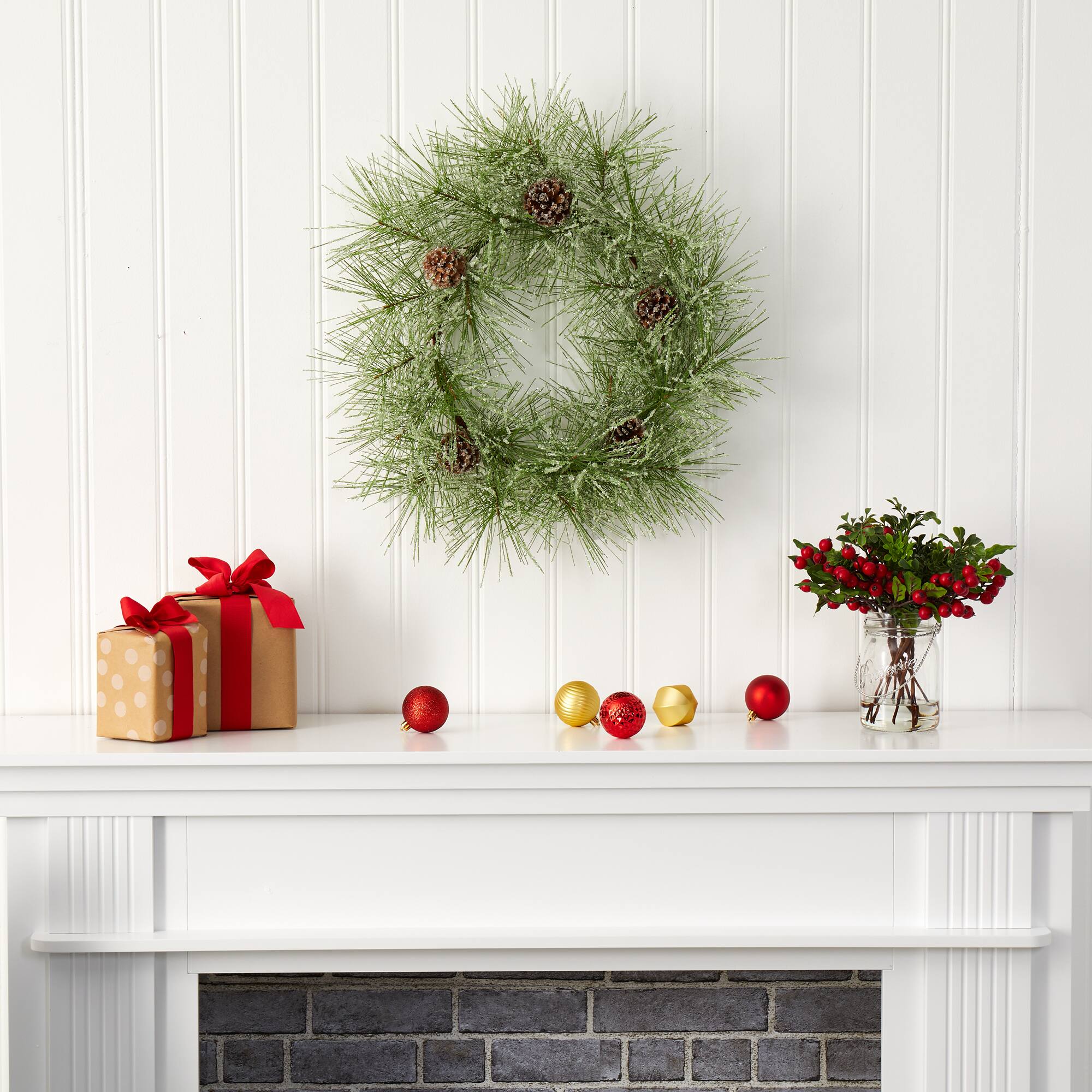 24&#x22; Iced Pine Wreath with Pinecones