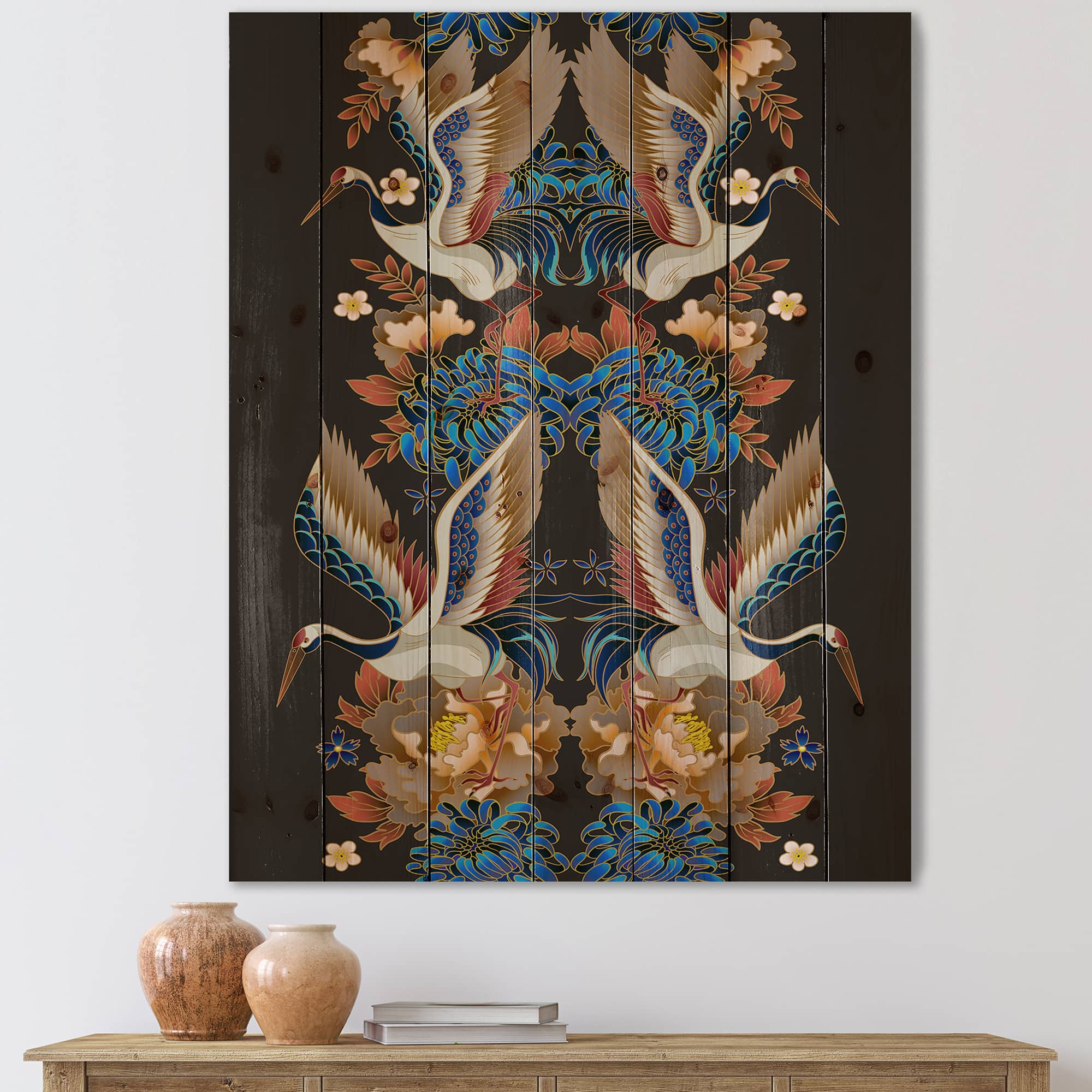 Designart - Chinoiserie With Birds and Peonies IX - Traditional Print on Natural Pine Wood