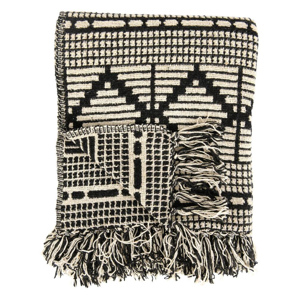 Hello Honey® Black & Beige Woven Cotton Blend Throw Blanket with Fringe