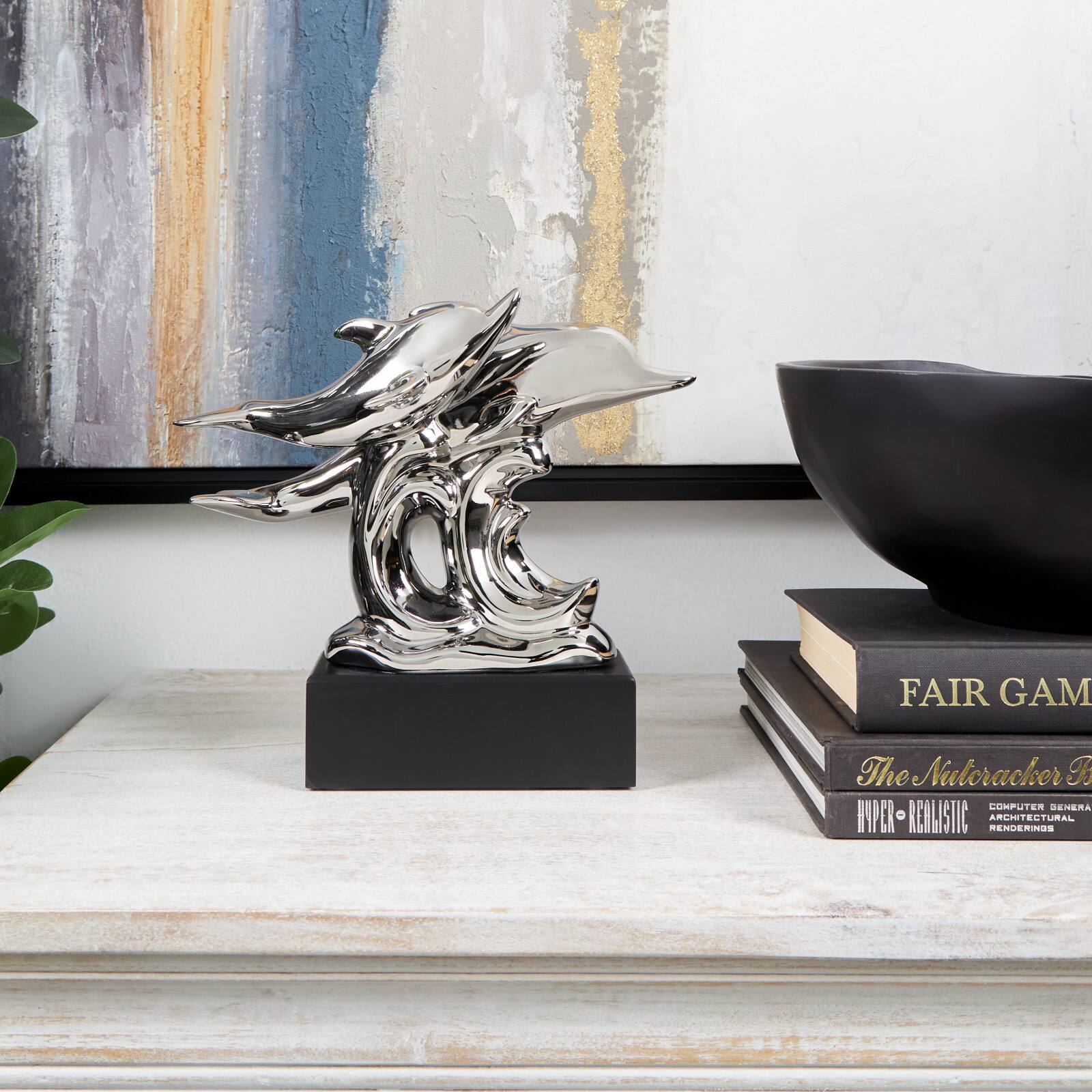 10&#x22; Silver Ceramic Dolphin Sculpture