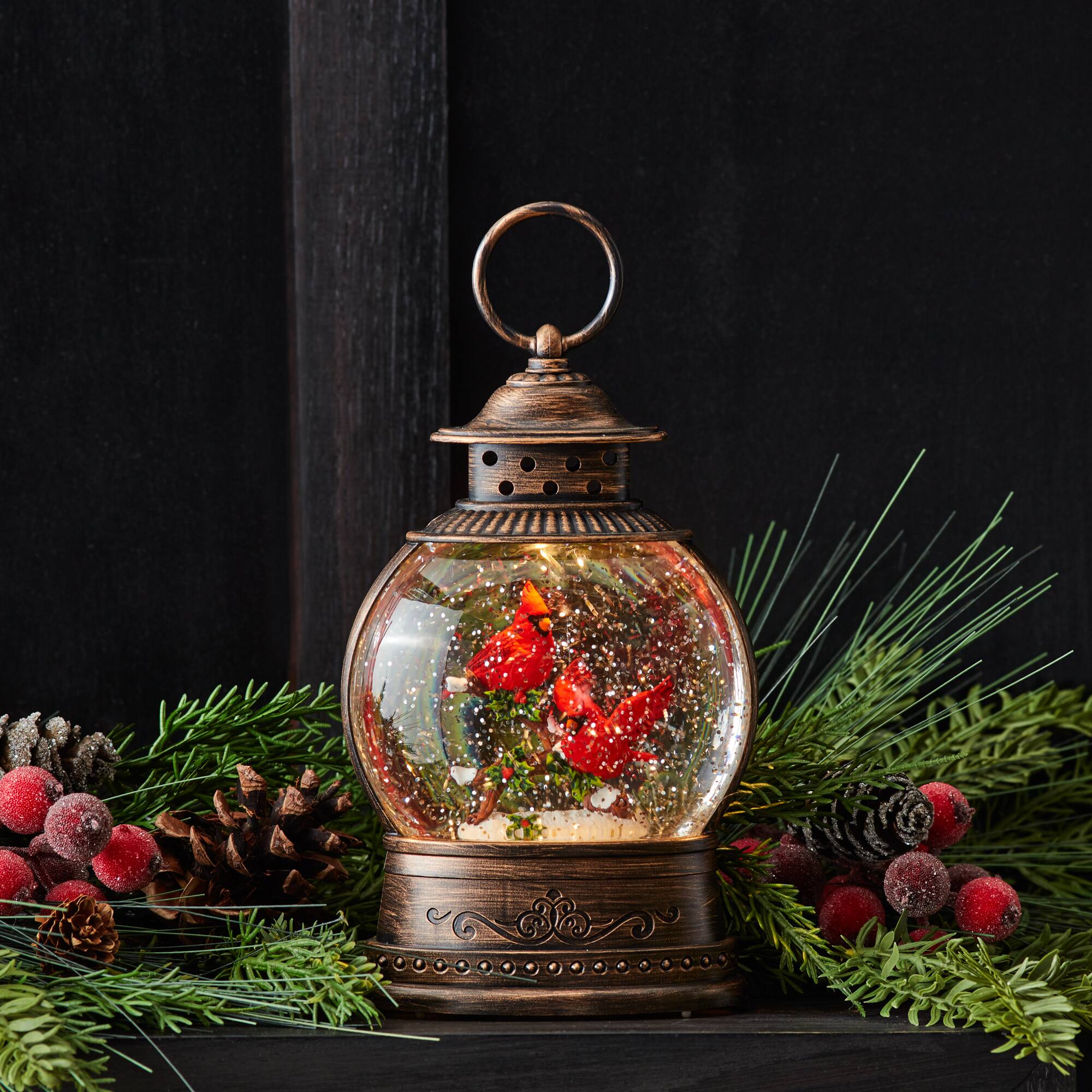8.25" LED Snow Globe Lantern with Cardinal Bird Couple