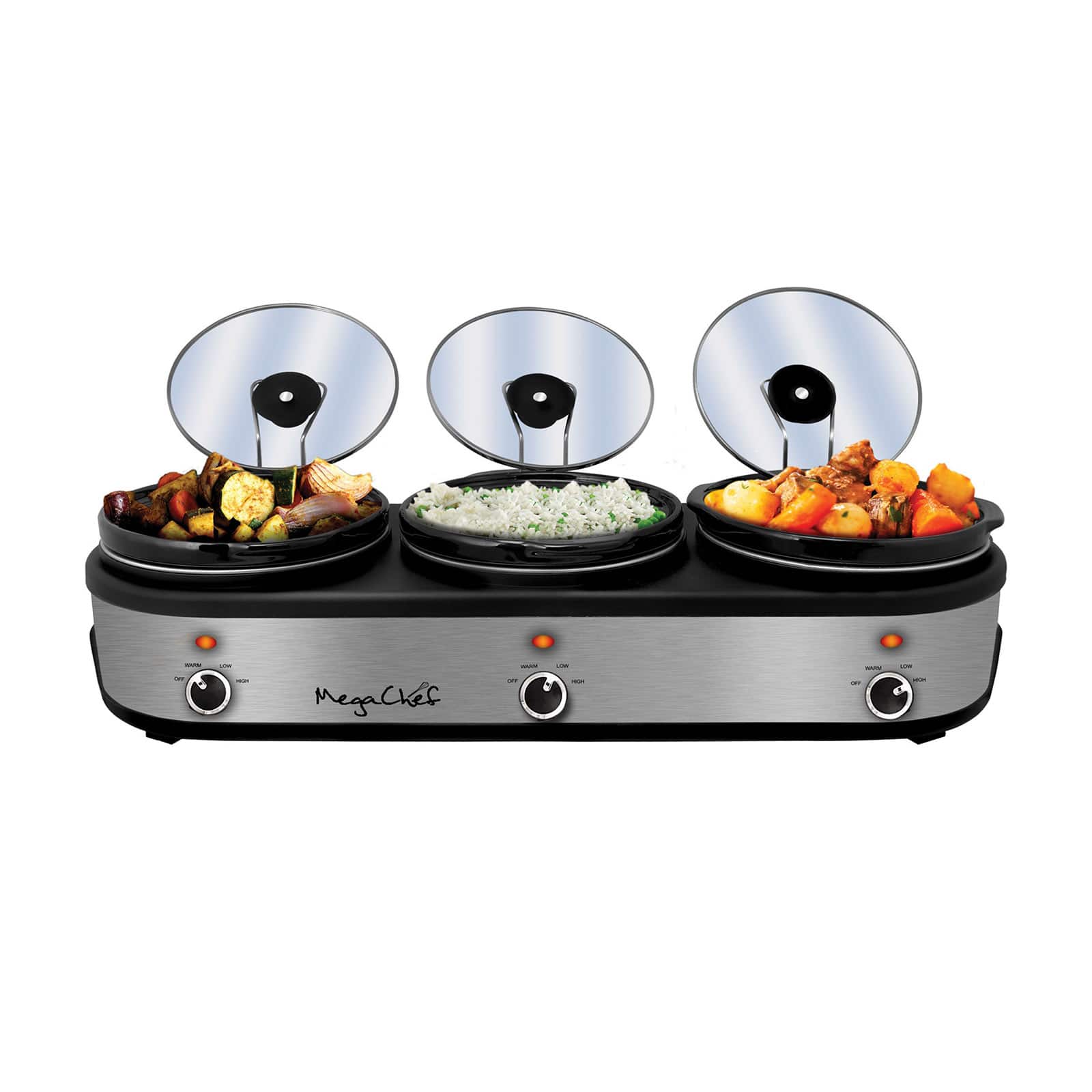 MegaChef Brushed Silver &#x26; Black Finish Triple 2.5qt. Slow Cooker &#x26; Buffet Server With 3 Ceramic Cooking Pots &#x26; Removable Lid Rests