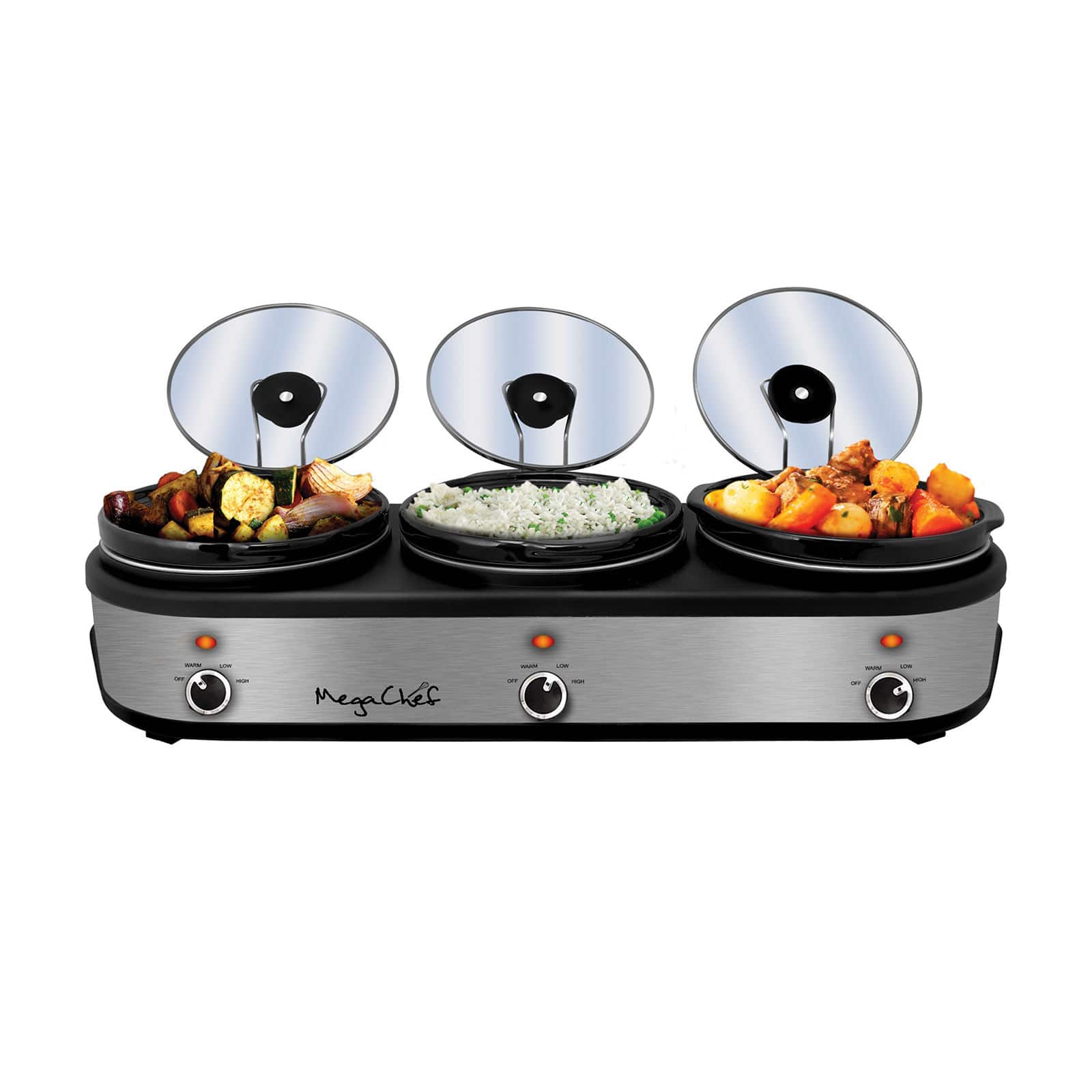 MegaChef Brushed Silver & Black Finish Triple 2.5qt. Slow Cooker & Buffet Server With 3 Ceramic Cooking Pots & Removable Lid Rests