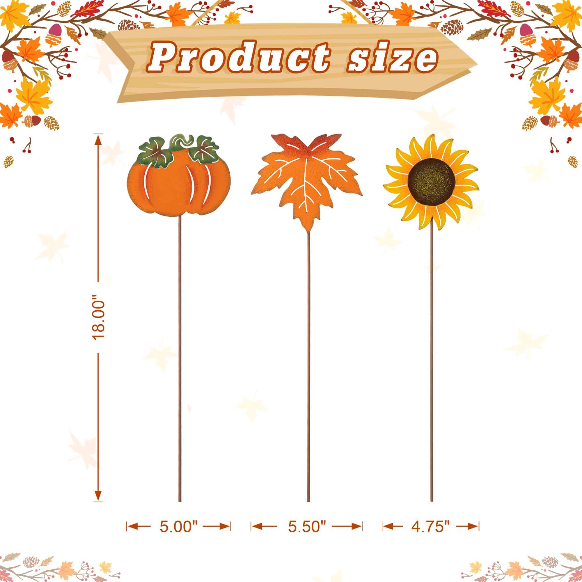 Glitzhome&#xAE; 18&#x22; Fall Metal Pumpkin, Leave &#x26; Sunflower Yard Stake, 6ct.