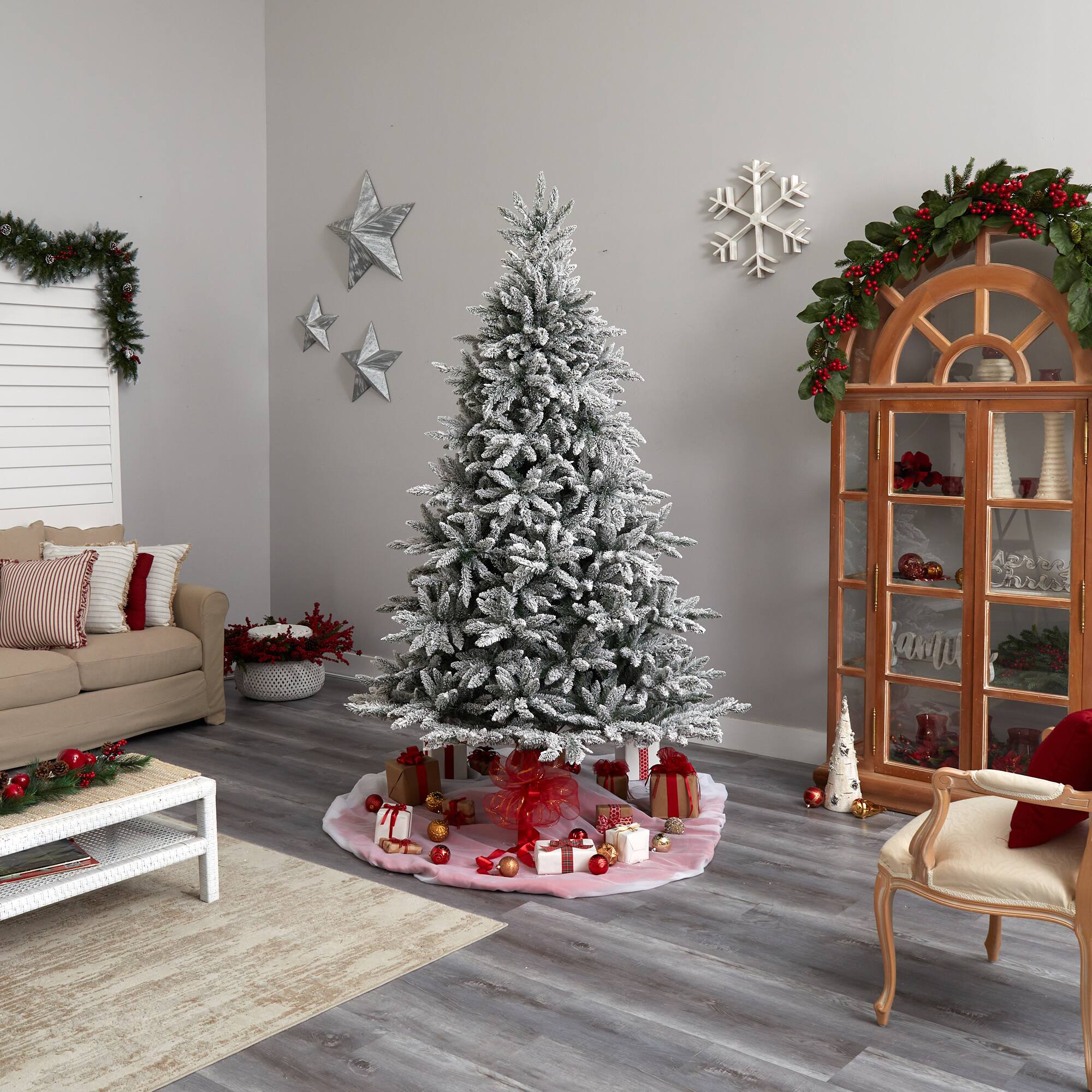 8ft. Pre-Lit Flocked West Virginia Spruce Artificial Christmas Tree, Clear Lights