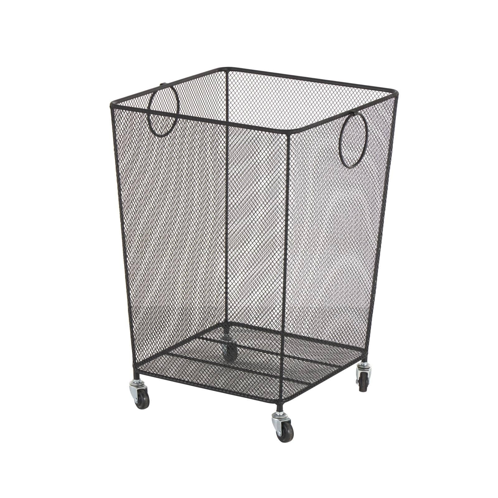 24&#x22; Black Metal Square Mesh Wire Rolling Laundry Storage Cart with Ring Handles