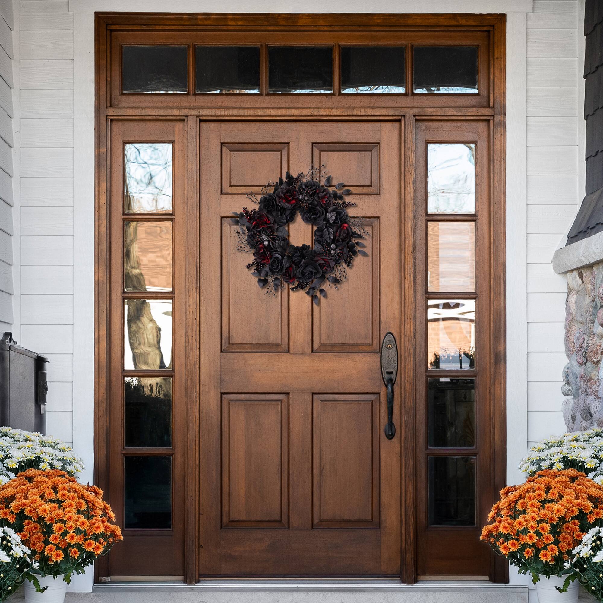 24" Burgundy & Black Roses with Spiders Halloween Wreath