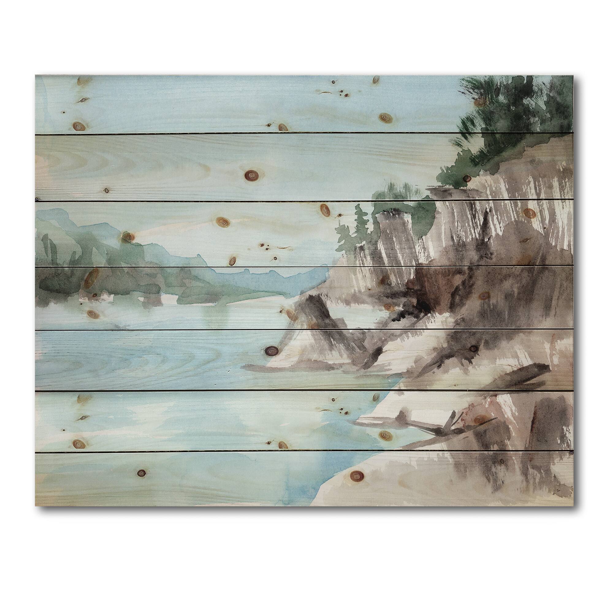 Designart - Rocks By The Blue Lake - Lake House Print on Natural Pine Wood