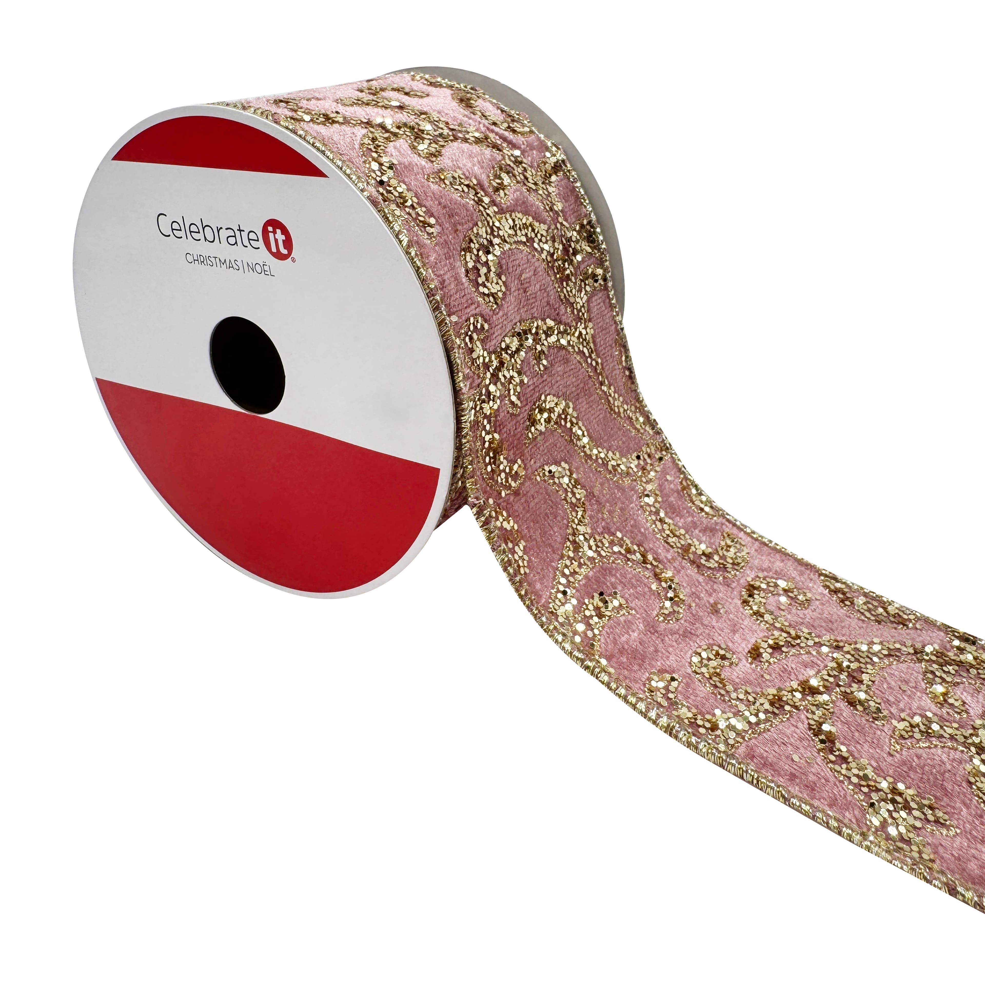 2.5" x 15ft. Blush & Gold Glitter Scroll Wired Velvet Ribbon by Celebrate It®
