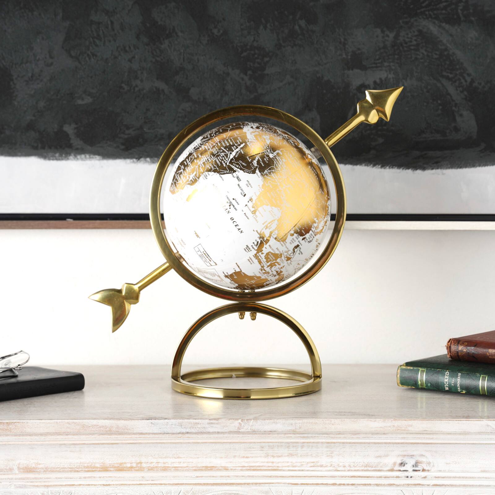 White & Gold Aluminum Tabletop Globe in Arrow Stand
