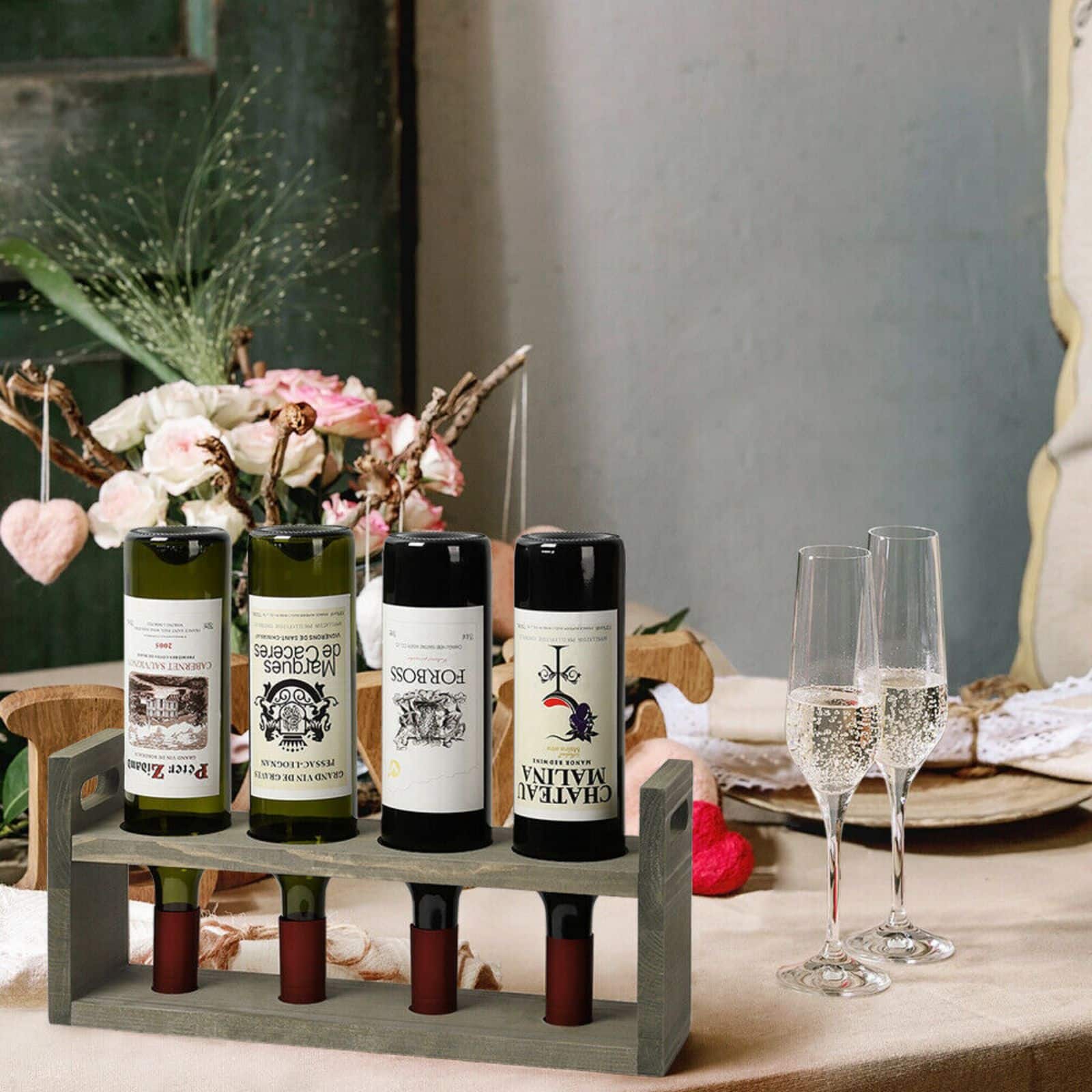 NEX™ 16" Olive Green 4-Bottle Countertop Wood Wine Rack