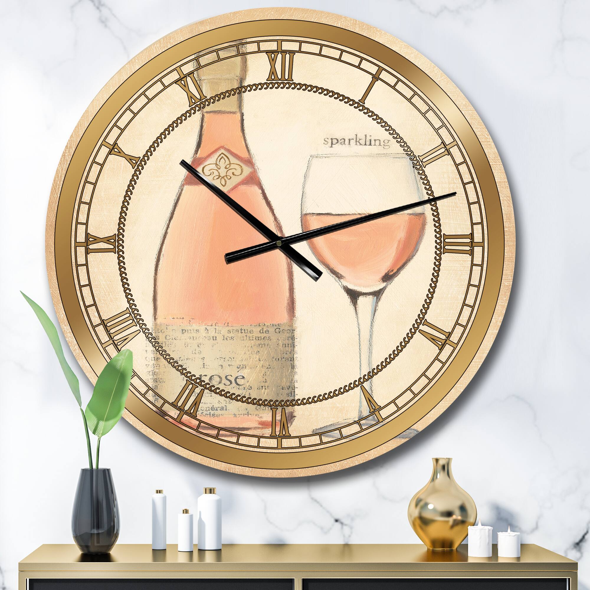 Designart 'Glam Sparkling Rose Wine Glam Wall Clock