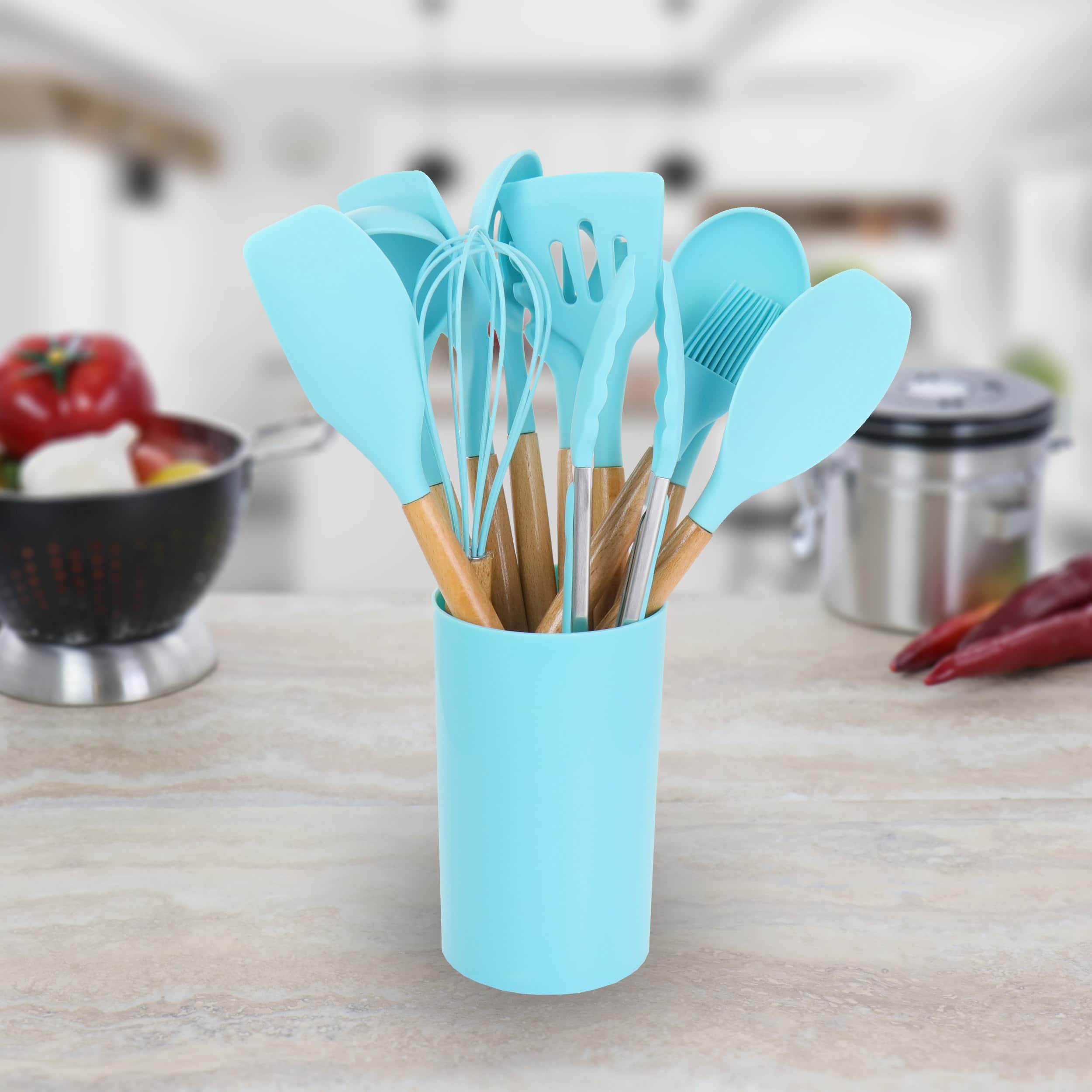 MegaChef Light Teal Silicone &#x26; Wood Cooking Utensils Set, 12ct.