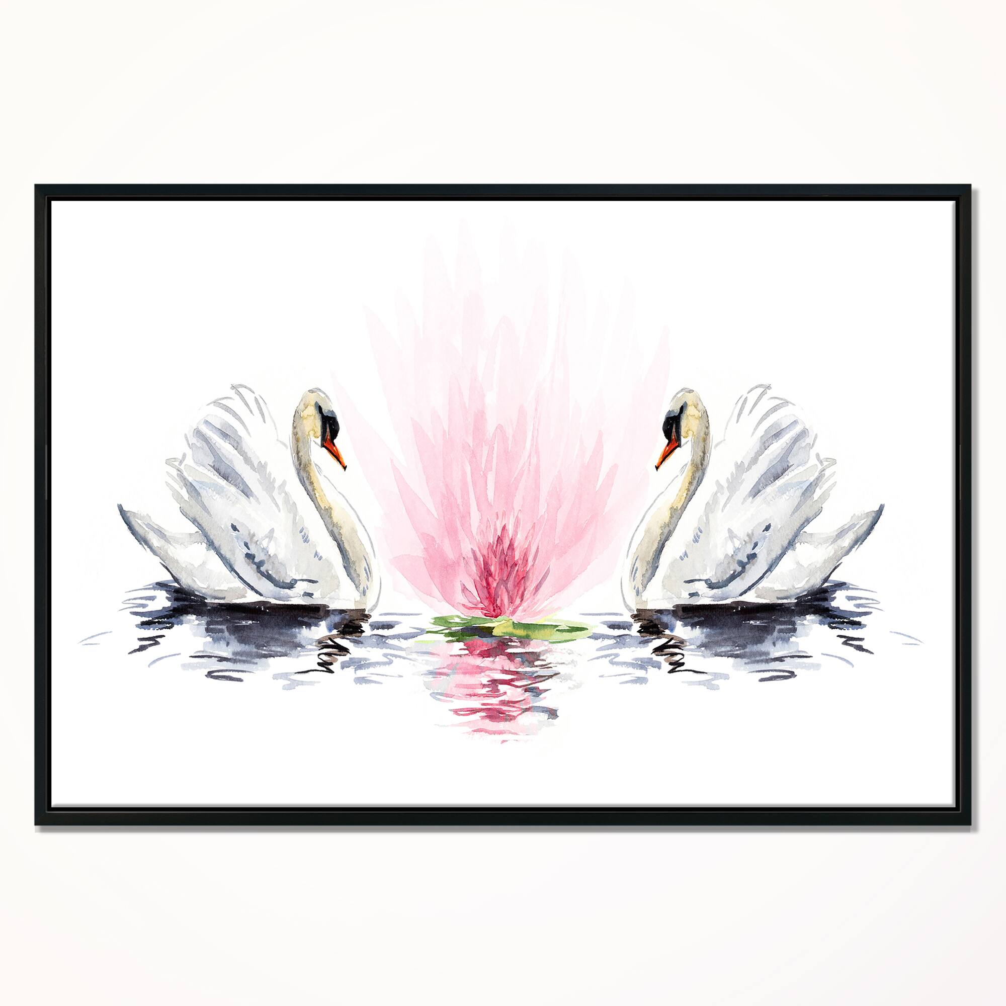 Designart - Floating Swans on White Background - Animal Art On Canvas in Black Frame