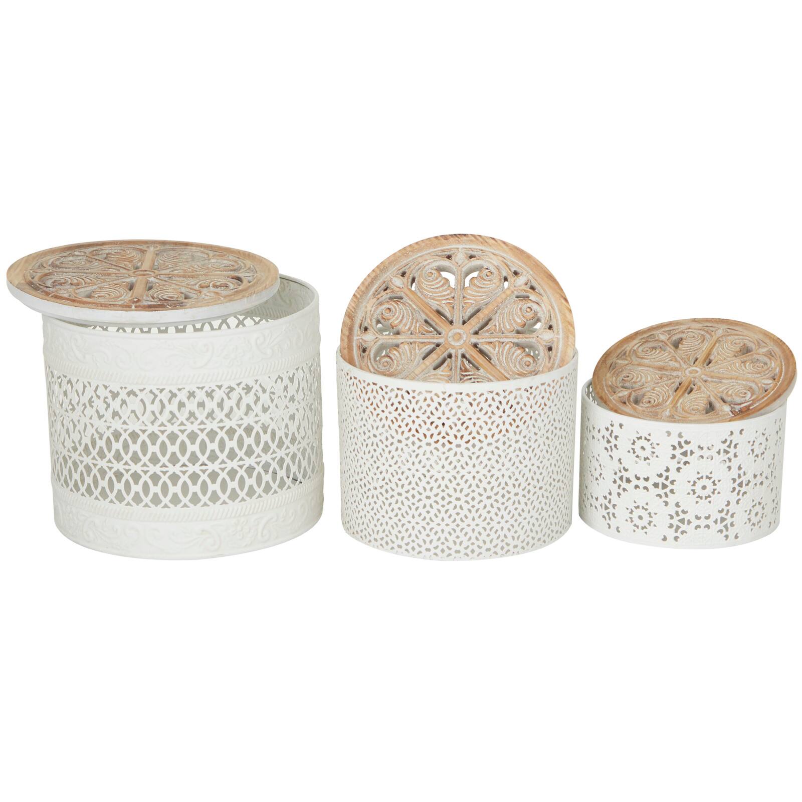 White Metal Laser Cut Metal Decorative Jars with Carved Wood Lids Set