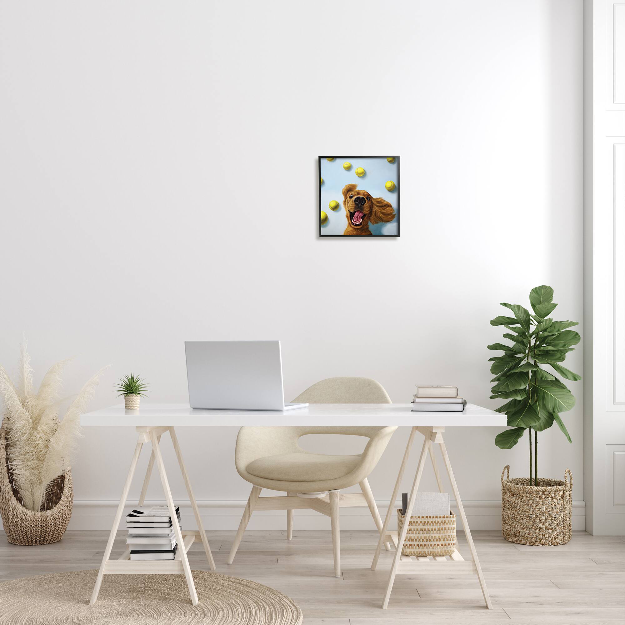 Stupell Industries Happy Smiling Pet Dog with Yellow Tennis Balls in Black Frame Wall Art