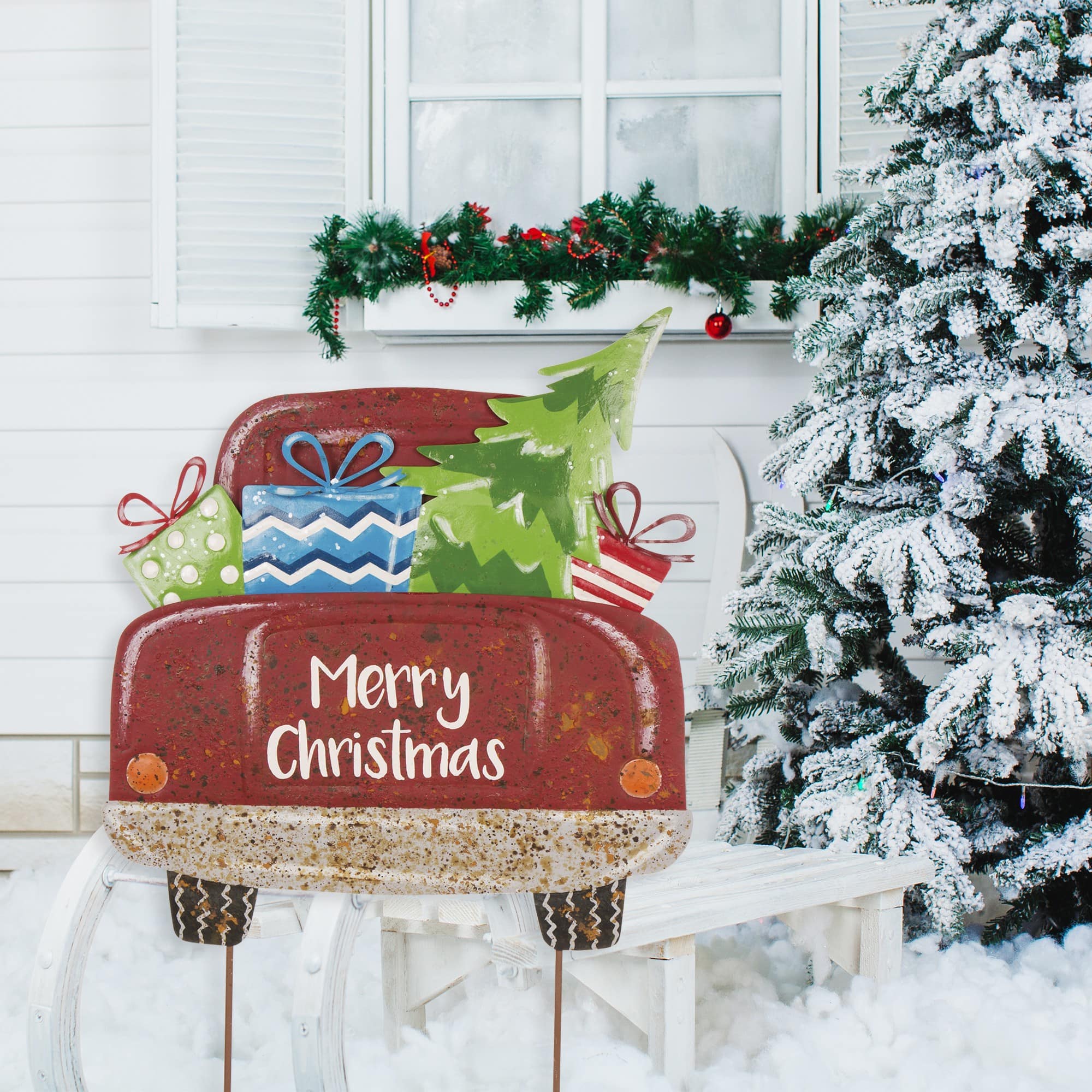 Glitzhome® 32" Christmas Rusty Metal Truck Yard Stake