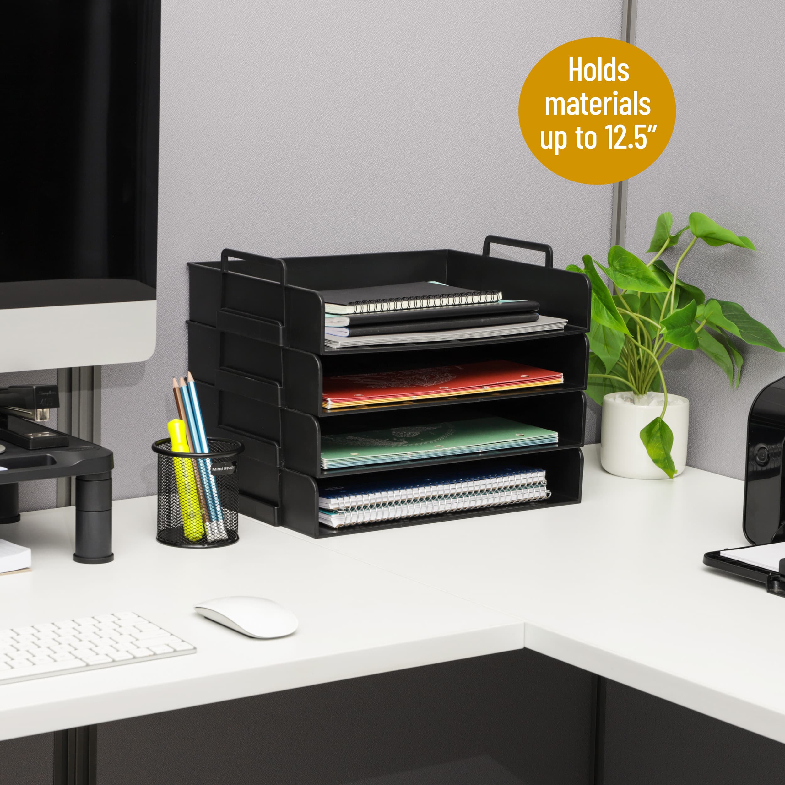 Mind Reader Stackable Paper Tray, Desktop Organizer, File Storage, Office, Plastic, 4 Pcs., Black
