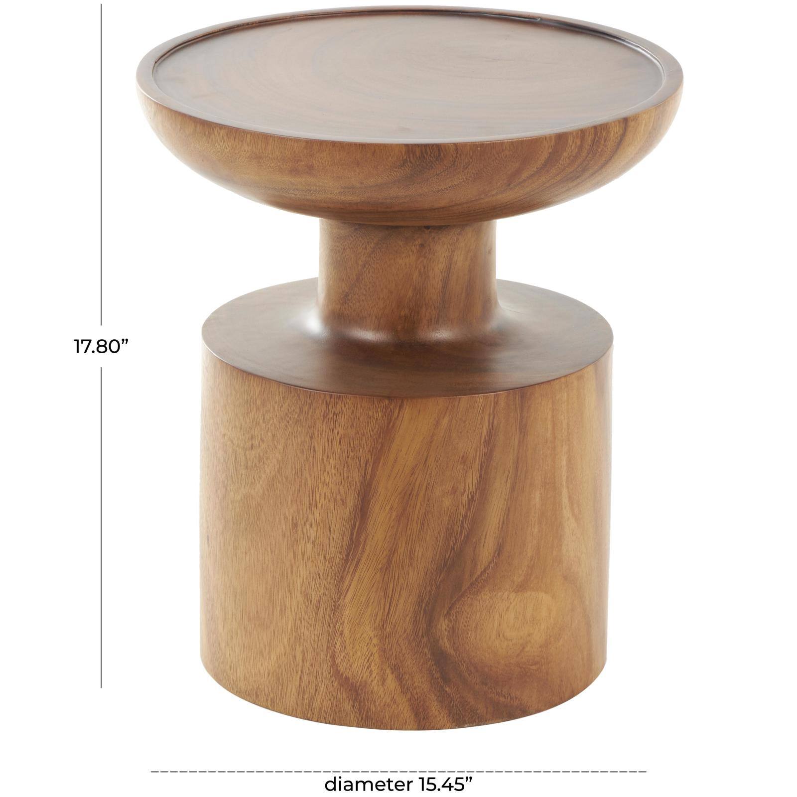 17.75" Brown Wood Handmade Accent Table with Cylinder Block Base