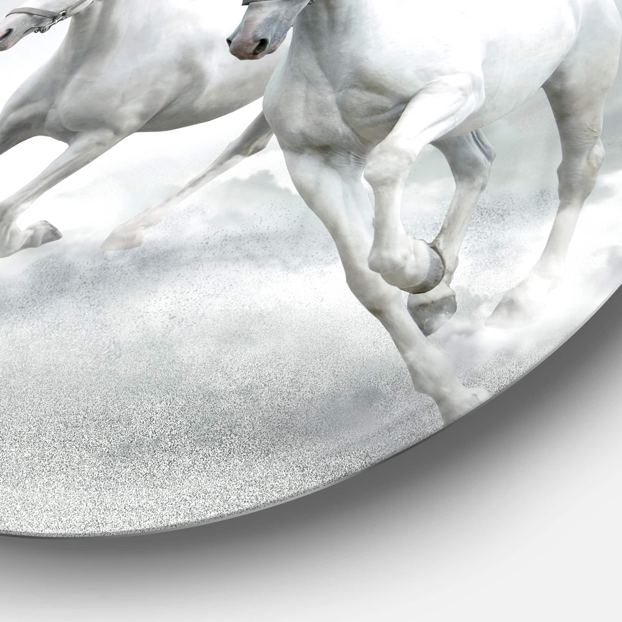 Designart - Running White Horses&#x27; Ultra Glossy Animal Oversized Metal Circle Wall Art