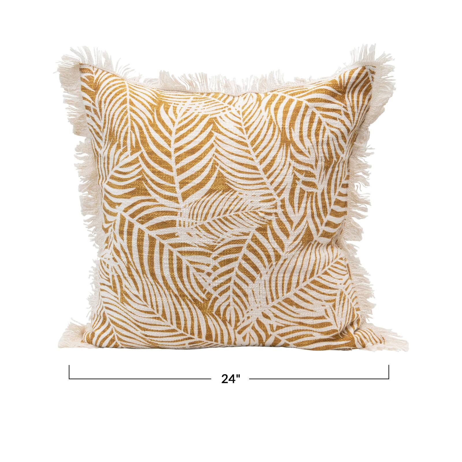 Mustard & Natural Palm Frond Pattern & Fringe Pillow
