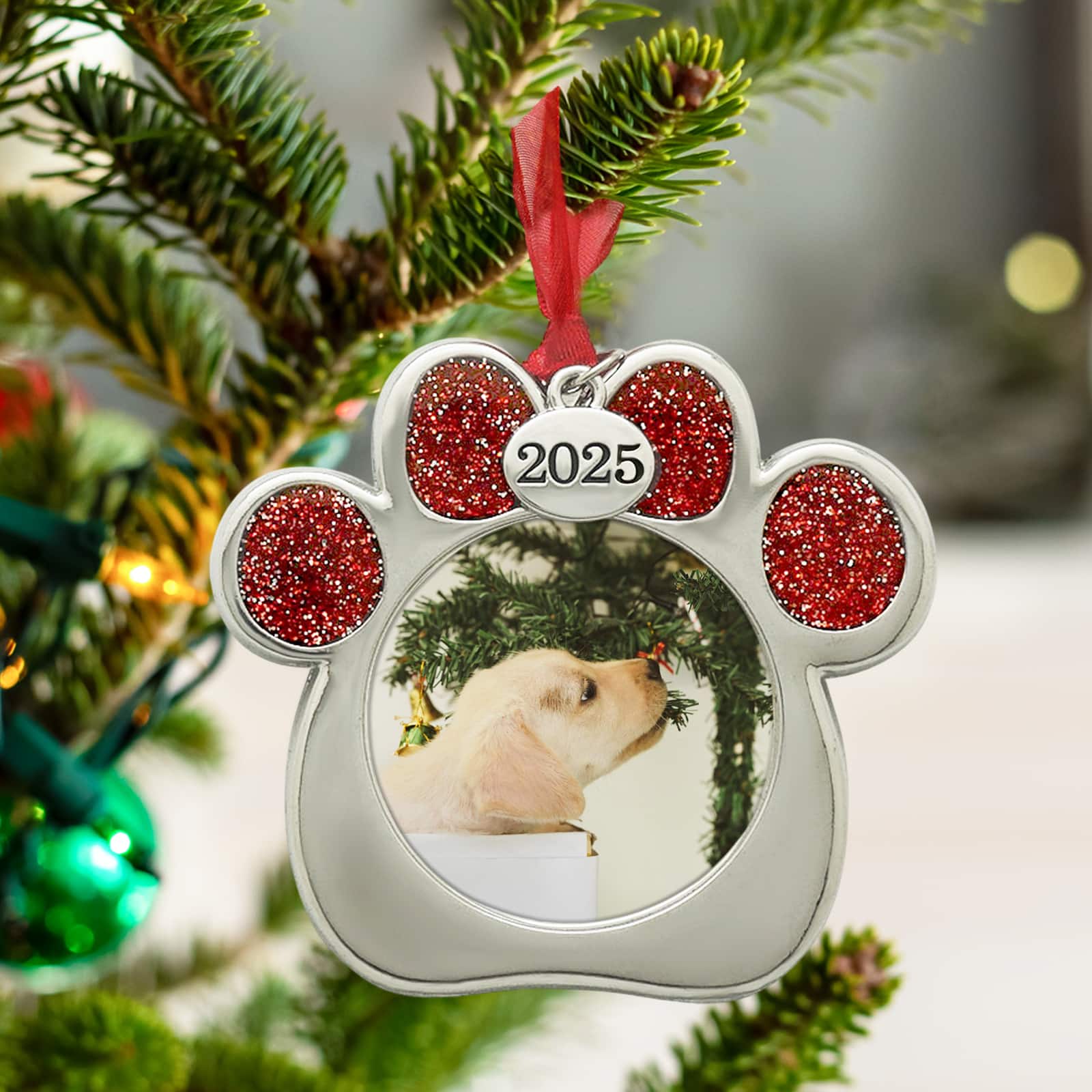 2&#x22; x 2&#x22; Silver &#x26; Red Paw 2025 Metal Ornament Frame by Studio D&#xE9;cor&#xAE;