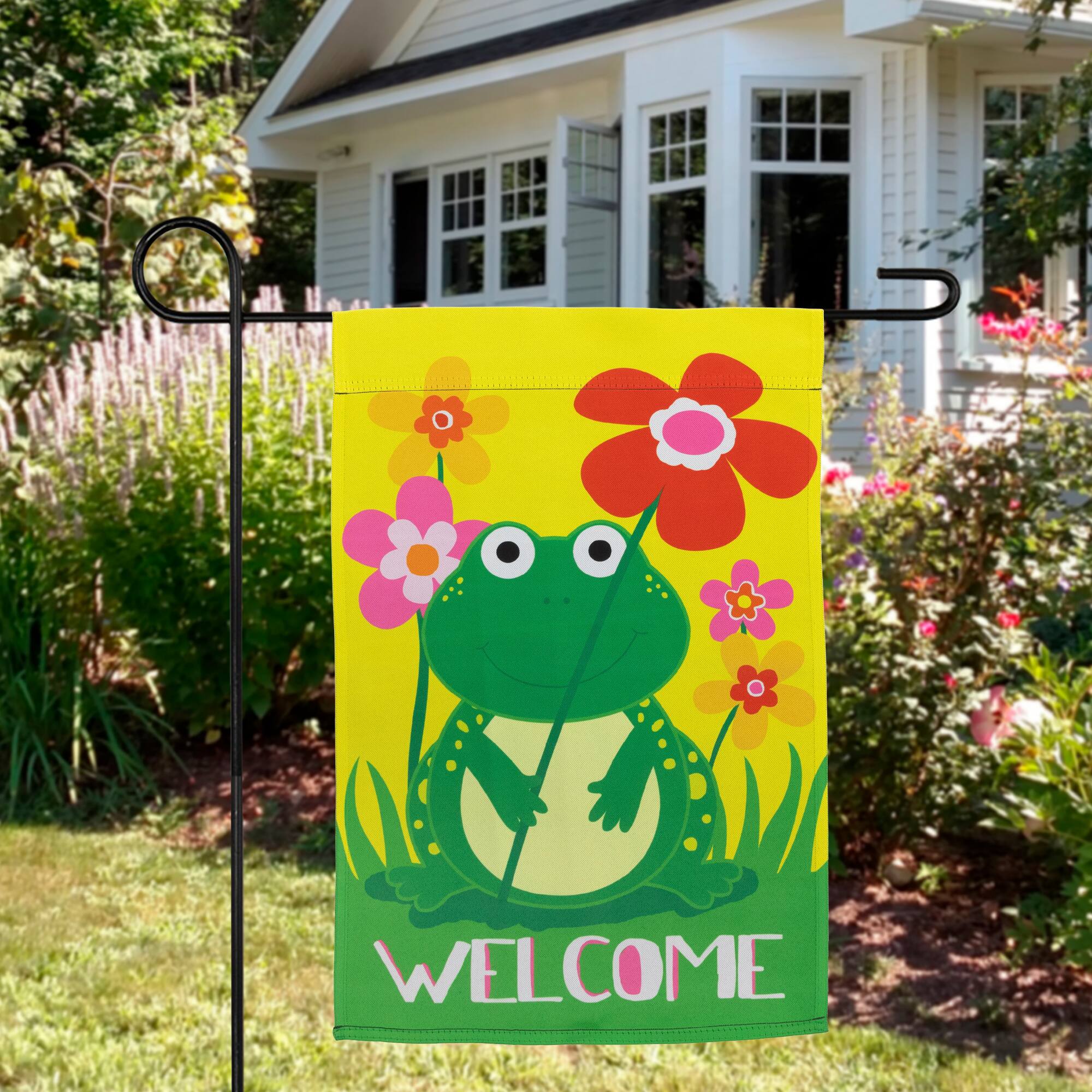 18" Happy Frog Floral Garden Flag