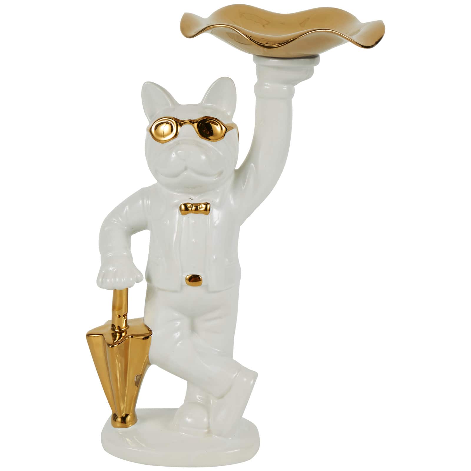 13&#x22; White &#x26; Gold Ceramic Bulldog Sculpture