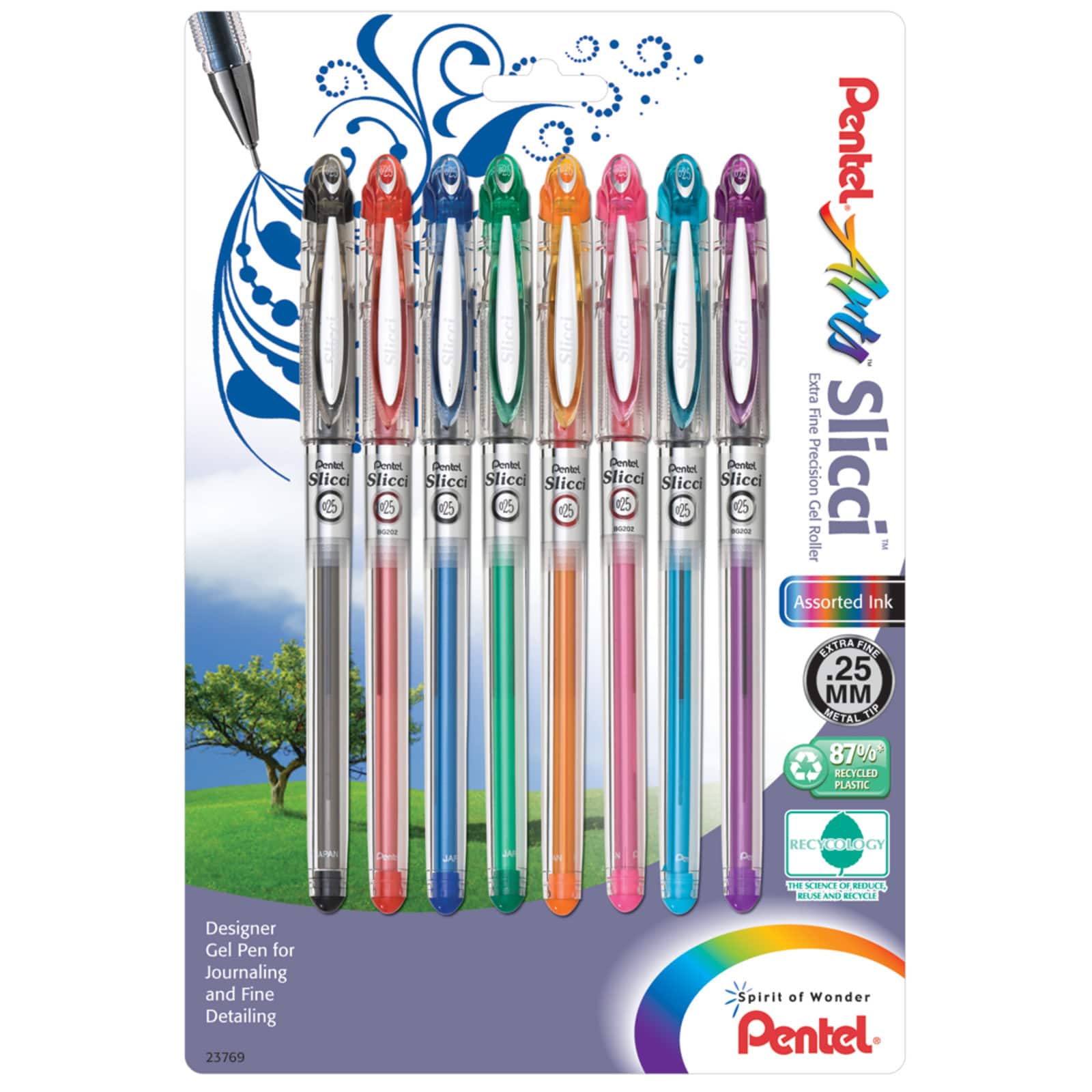 Pentel Slicci Gel Pens .25mm 8/Pkg-Assorted Ink Colors 
