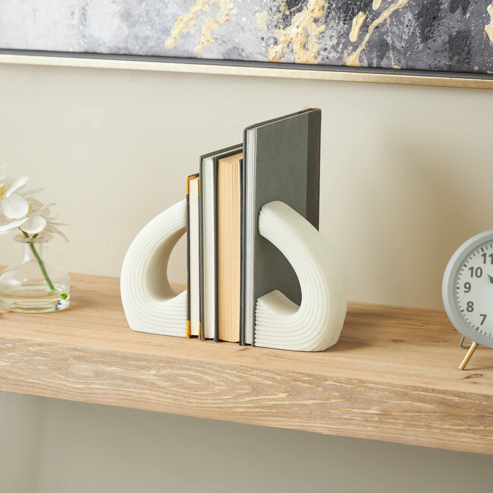 7" White Shimmer Polystone Heart Inspired Decorative Bookends, 2ct.