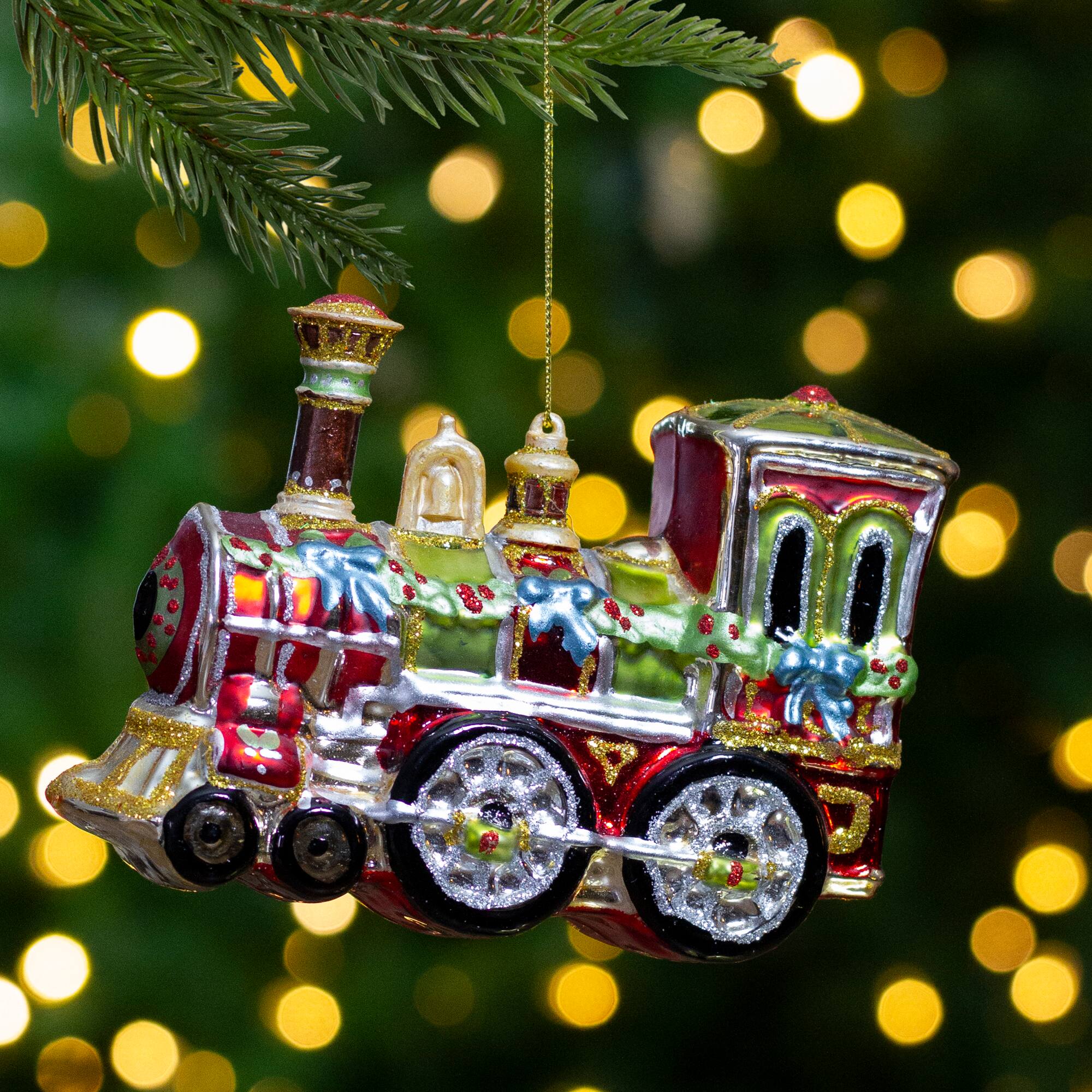 5.5&#x22; Red &#x26; Green Contemporary Train Christmas Ornament