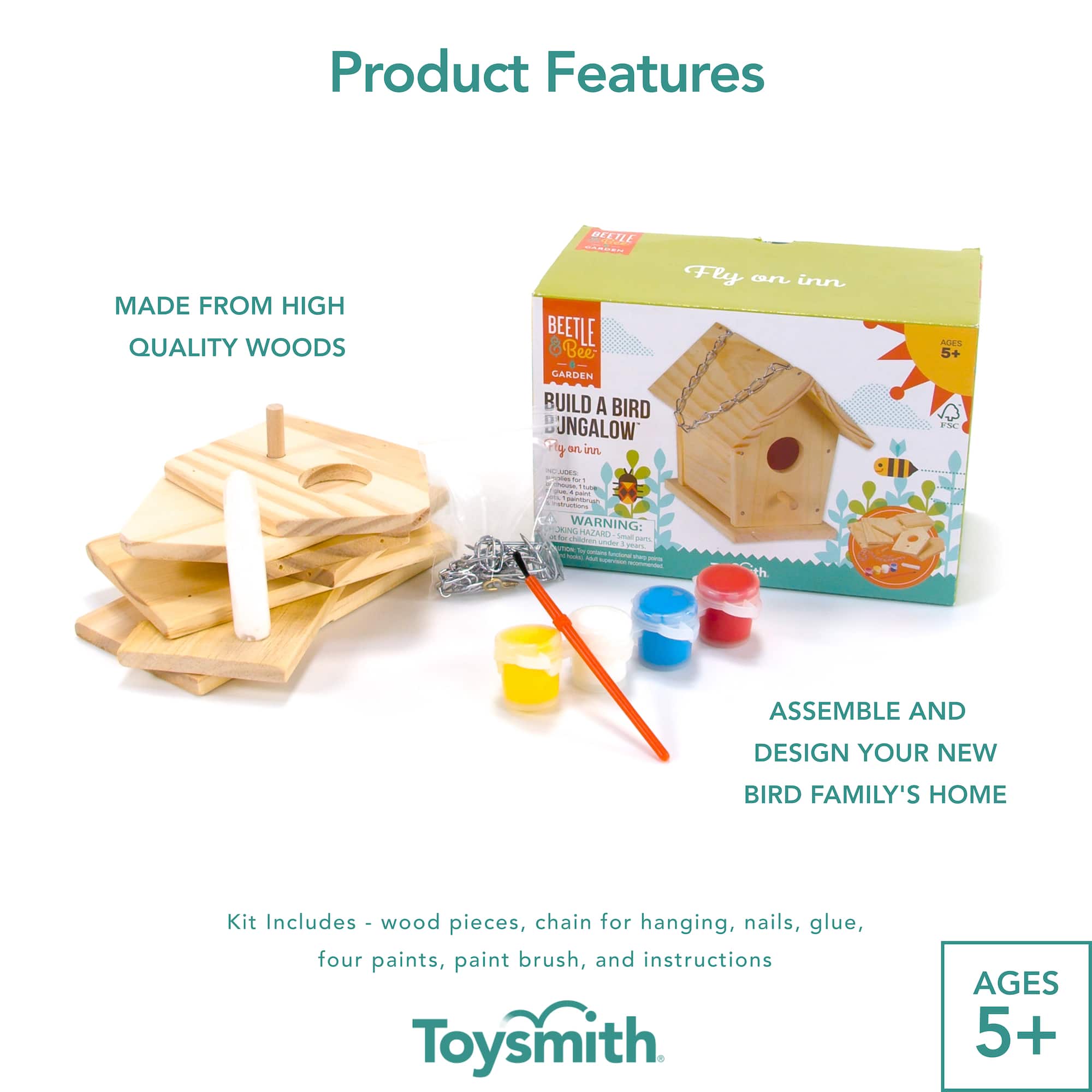 Toysmith Beetle &#x26; Bee Build a Bird Bungalow&#x2122; DIY Birdhouse Activity Kit